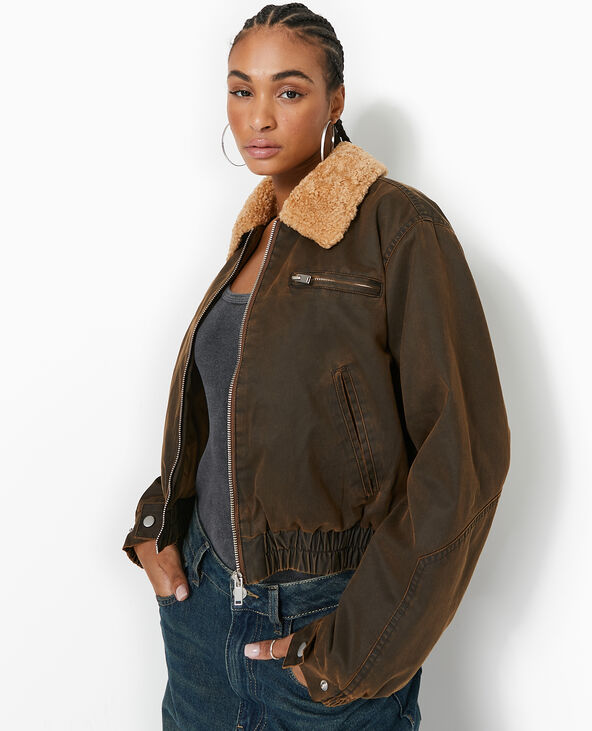 Bouson court en toile effet huilé avec col sherpa marron - Pimkie