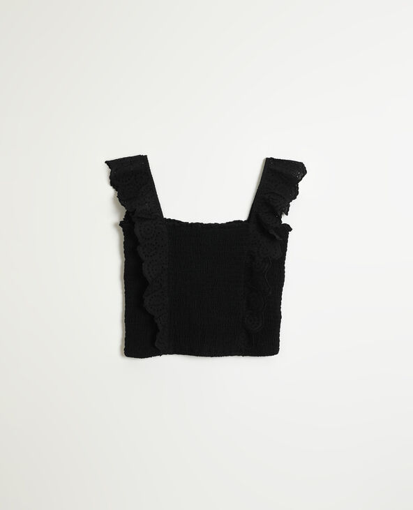 Top smocké avec broderie anglaise noir - Pimkie
