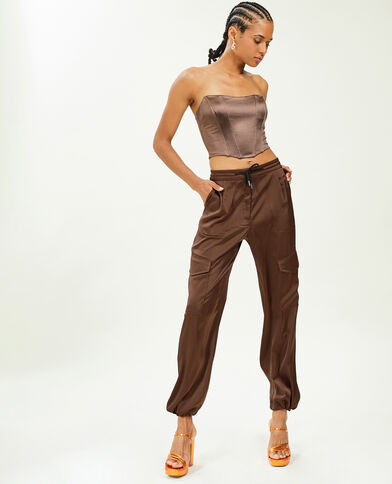 Pantalon cargo en tissu satiné marron - Pimkie
