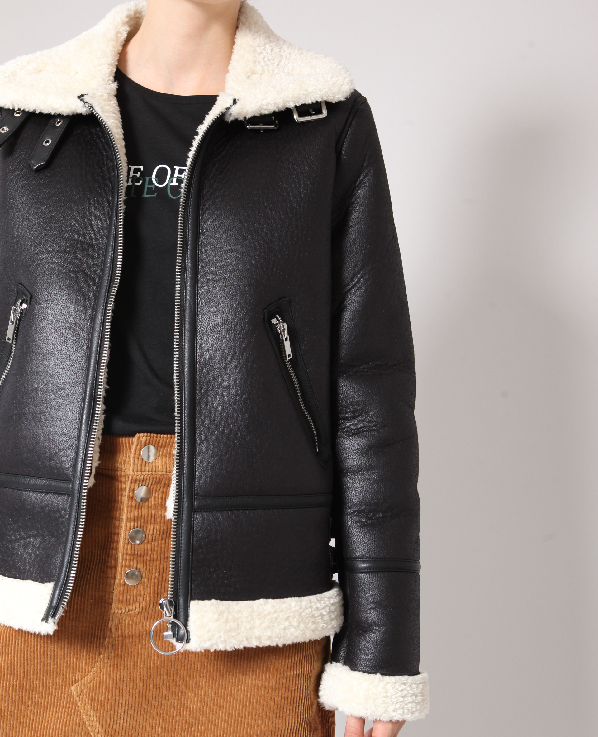 Blouson biker en fausse fourrure noir - Pimkie