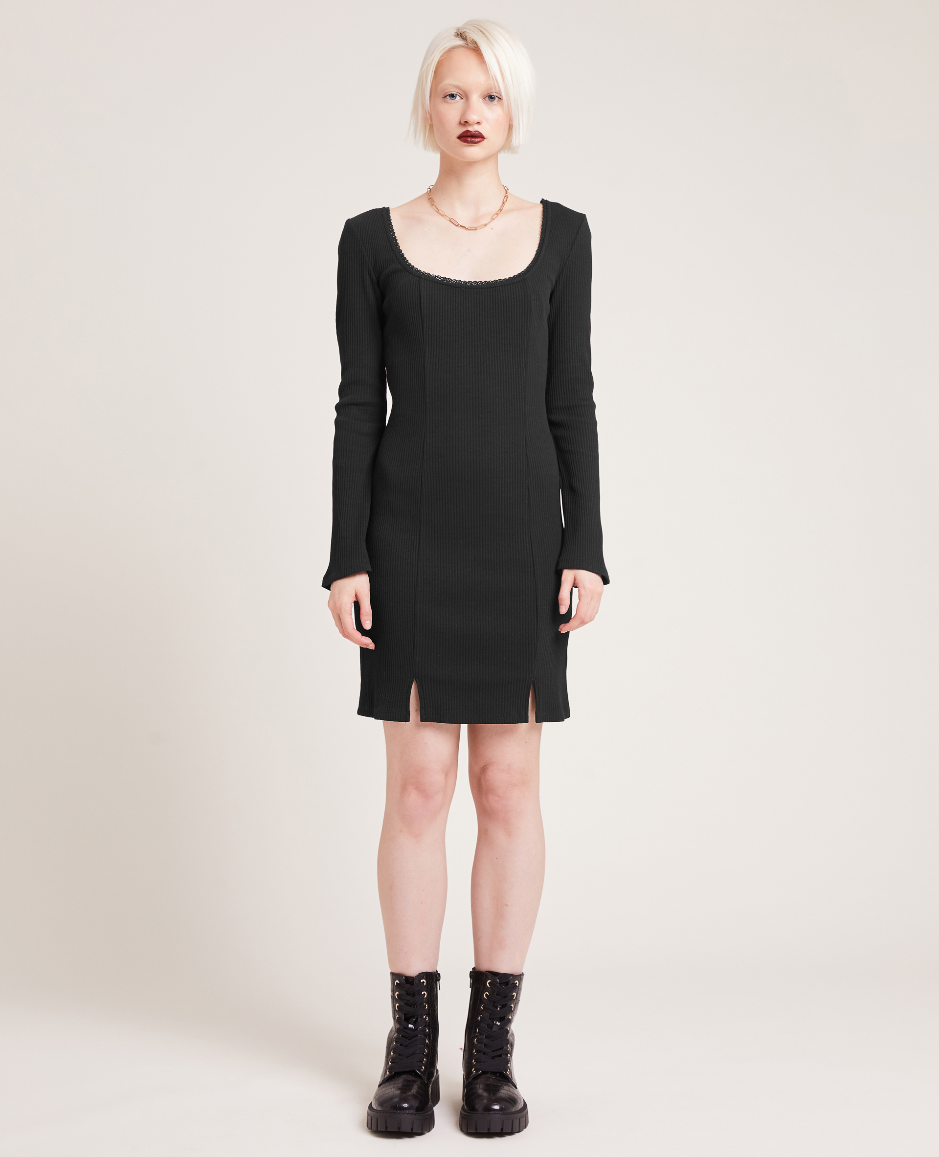 Robe côtelée manches longues noir - Pimkie
