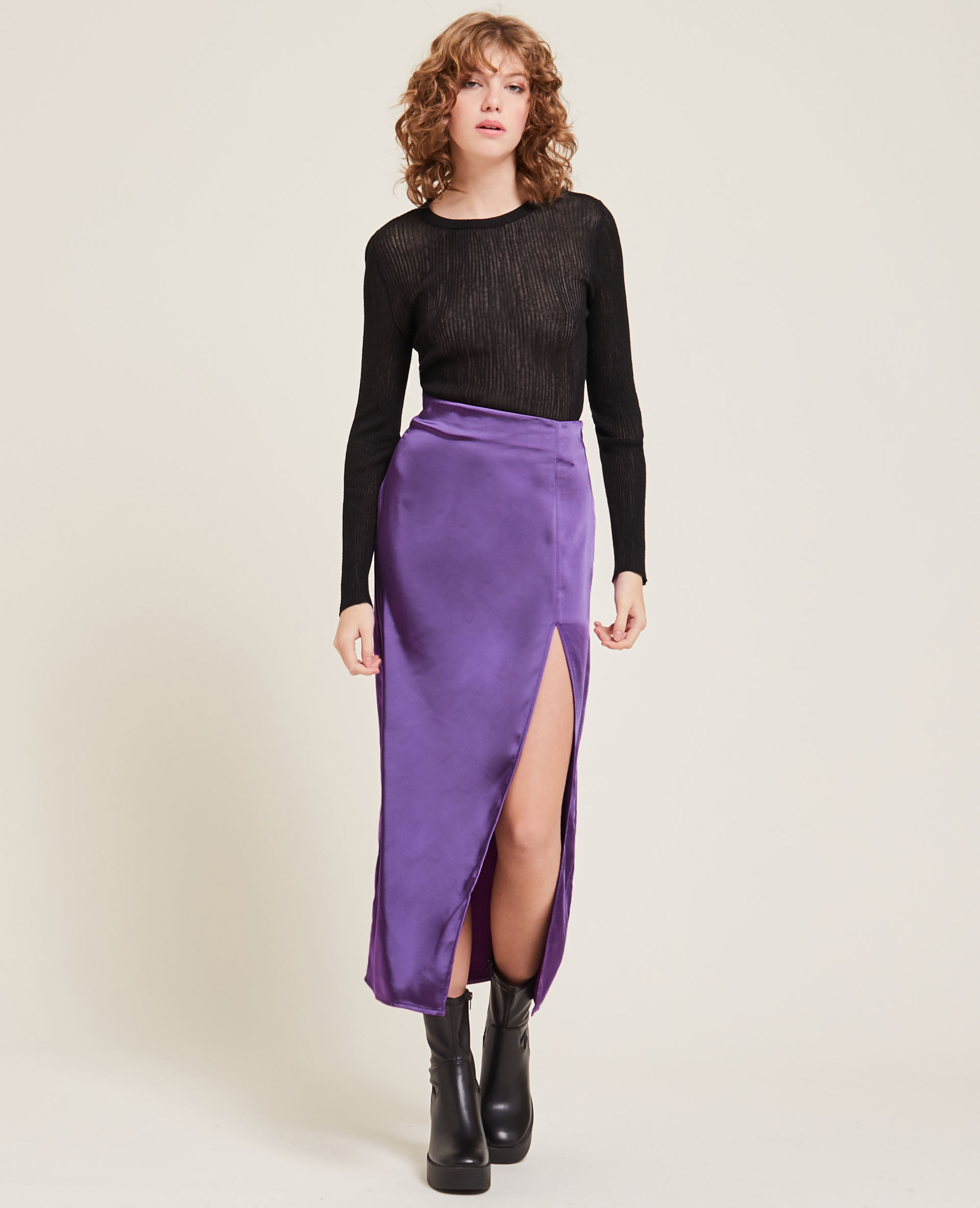 Jupe longue fendue en satin violet - Pimkie