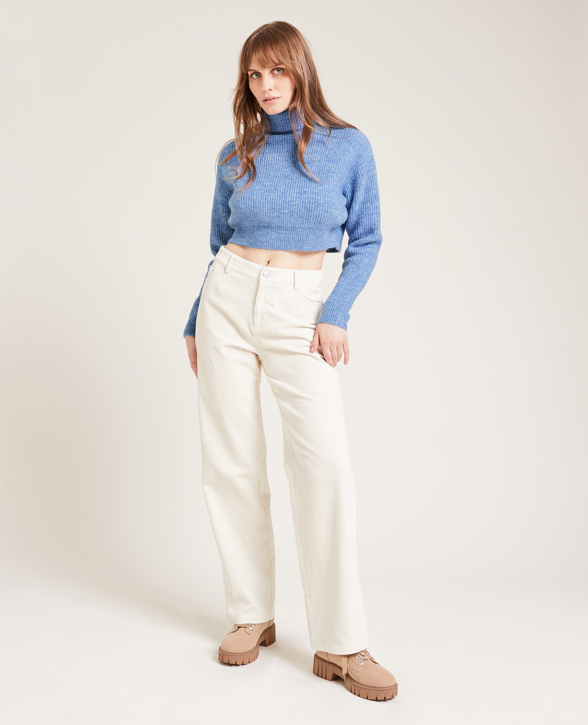 Pull cropped col roulé bleu - Pimkie