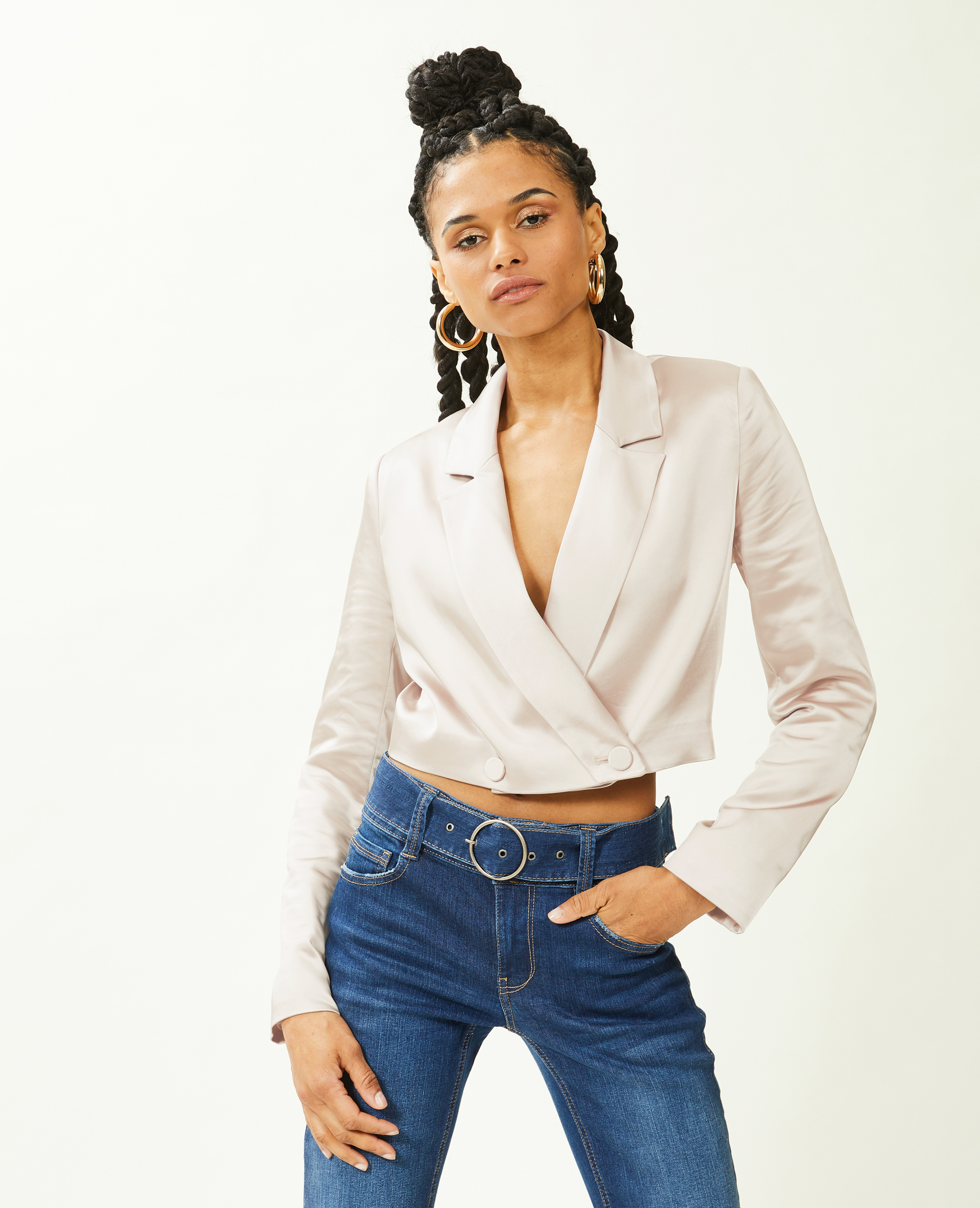 Veste blazer courte en satin écru - Pimkie