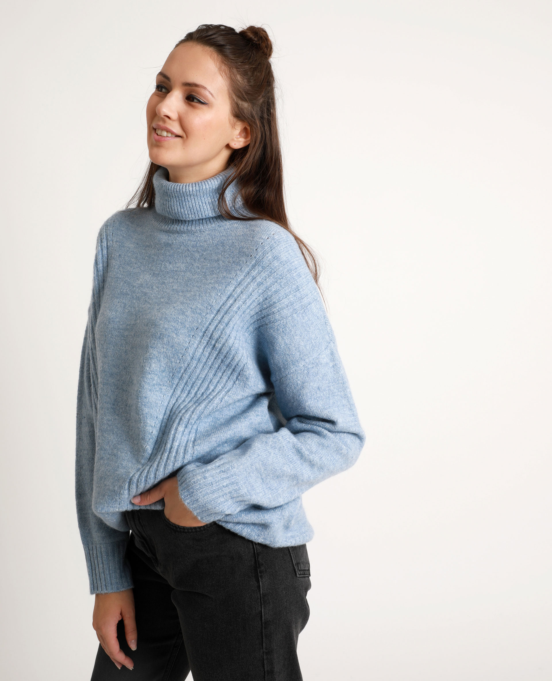 Pull col roulé bleu femme store