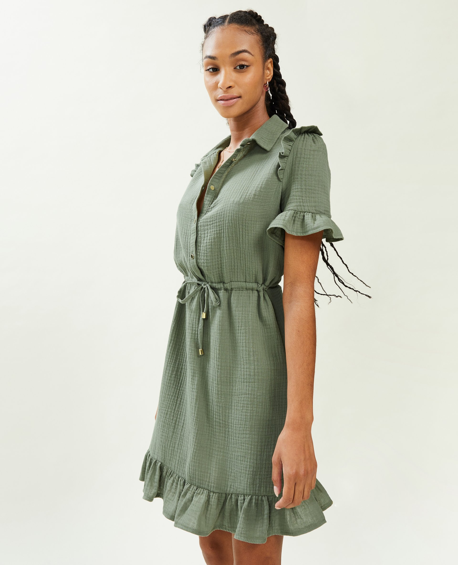 Robe courte boutonnée en gaze de coton vert de gris - Pimkie