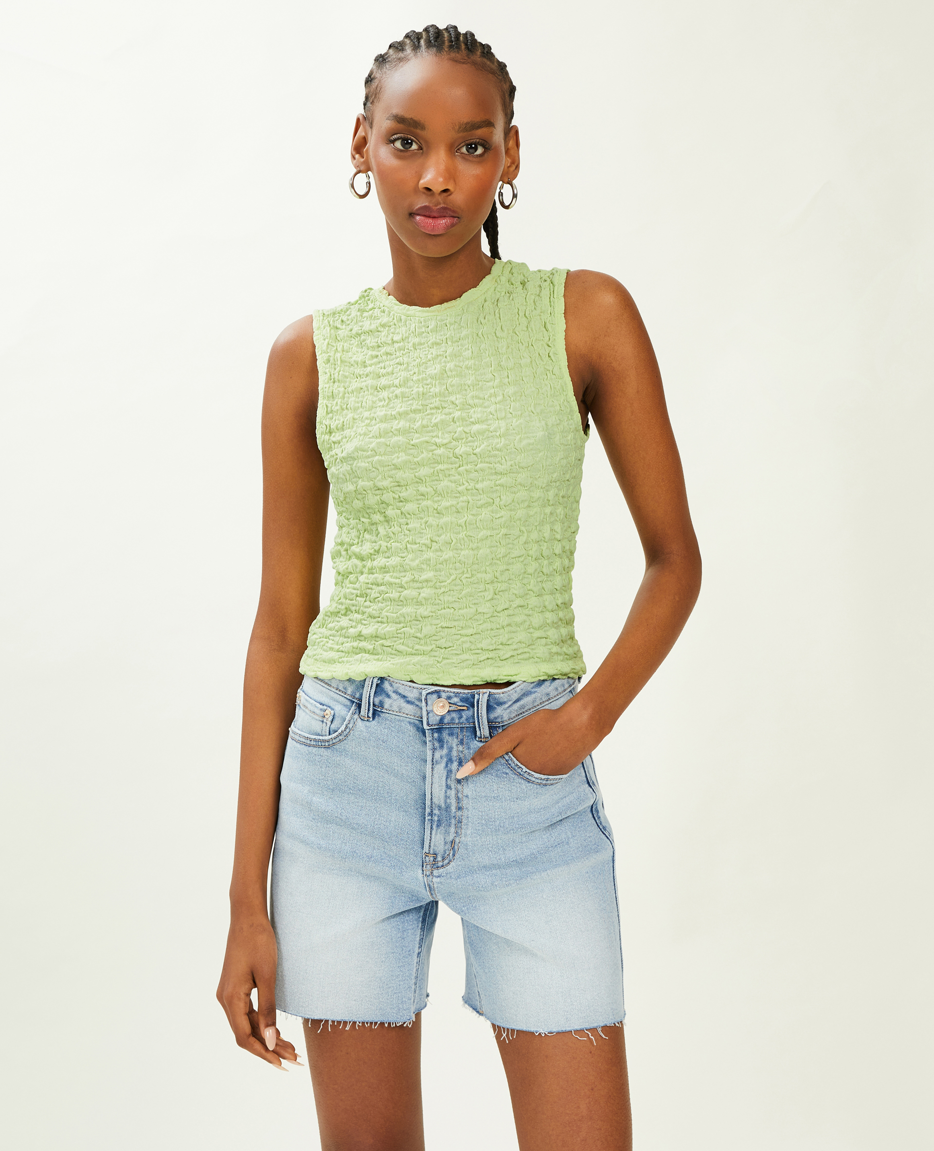 Top court sans manches maille gaufrée vert clair - Pimkie