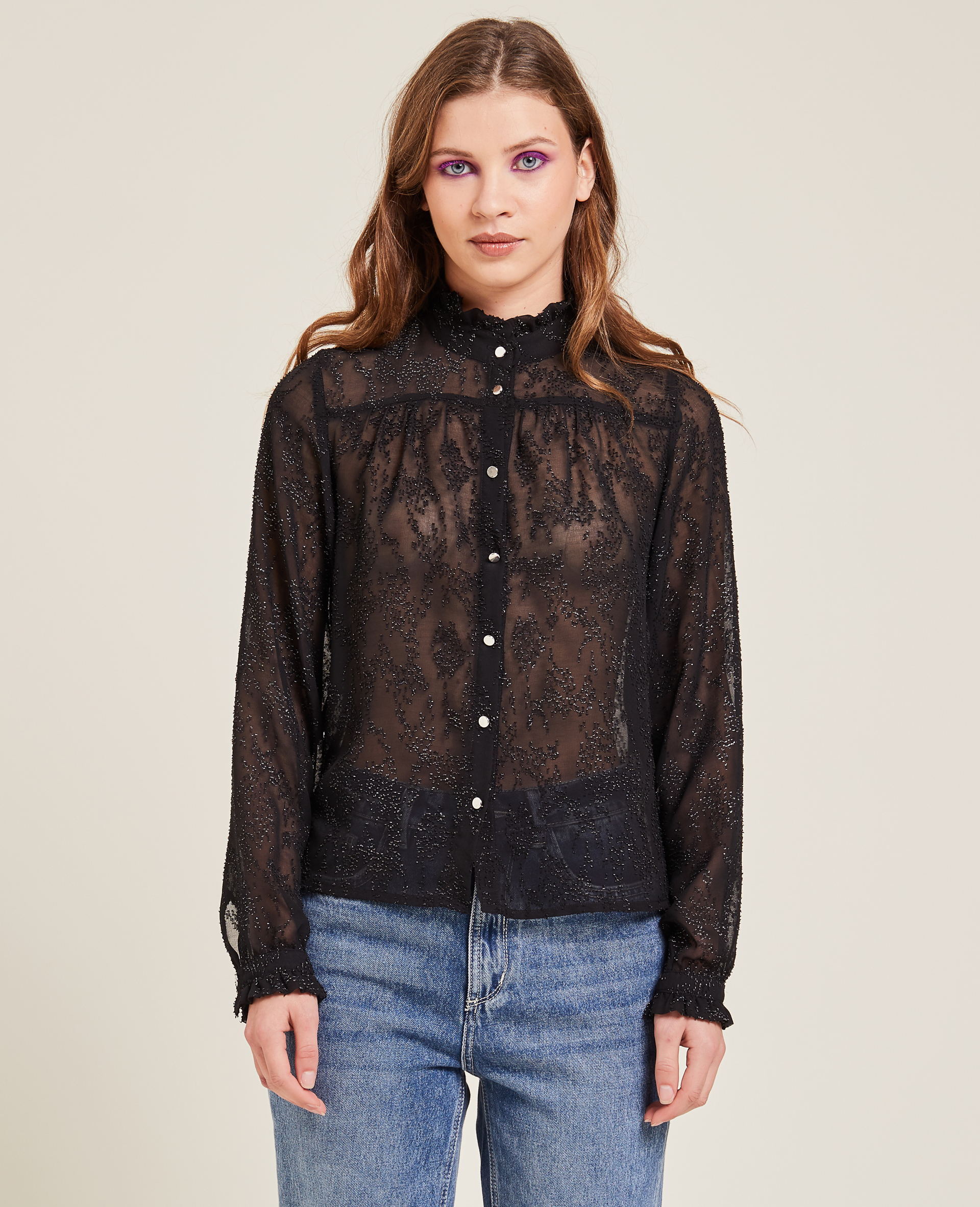 Chemisier transparent petits volants noir - Pimkie
