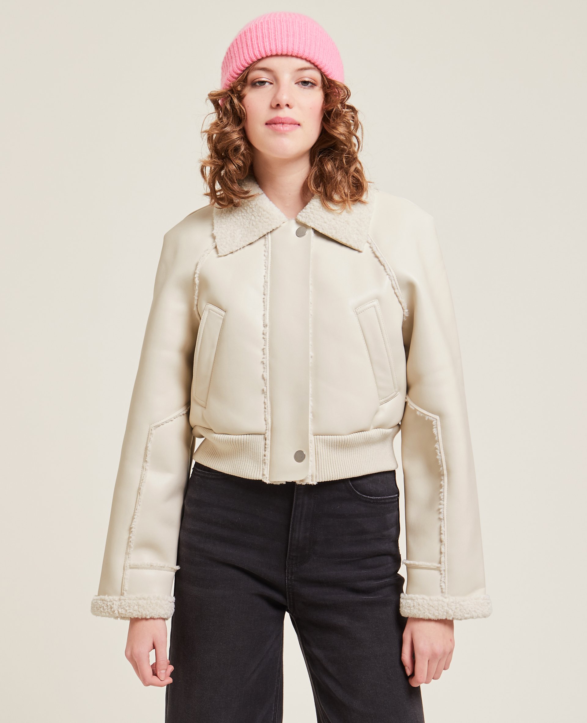 Blouson court simili cuir et sherpa écru - Pimkie