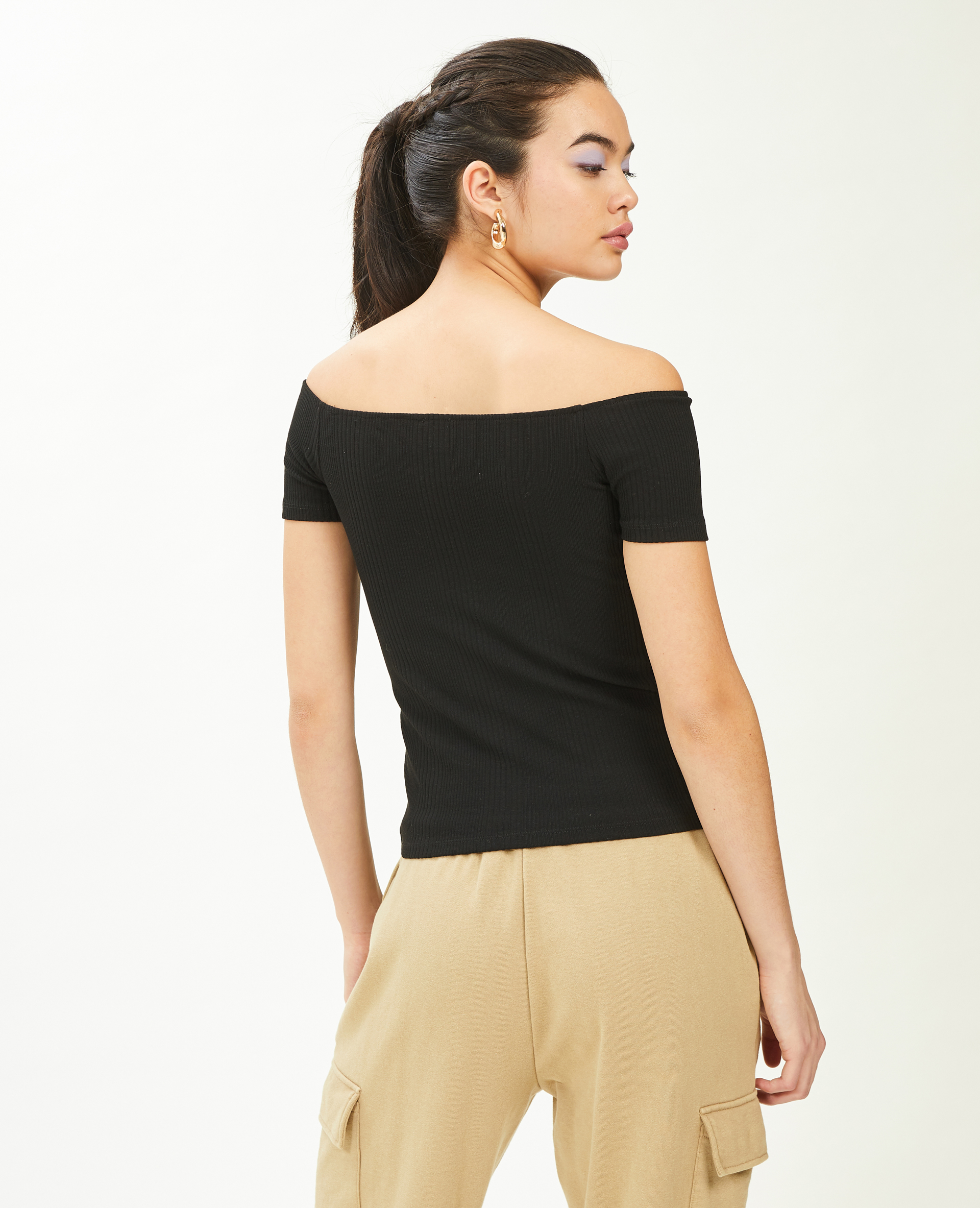 Top encolure Bardot maille côtelée noir - Pimkie