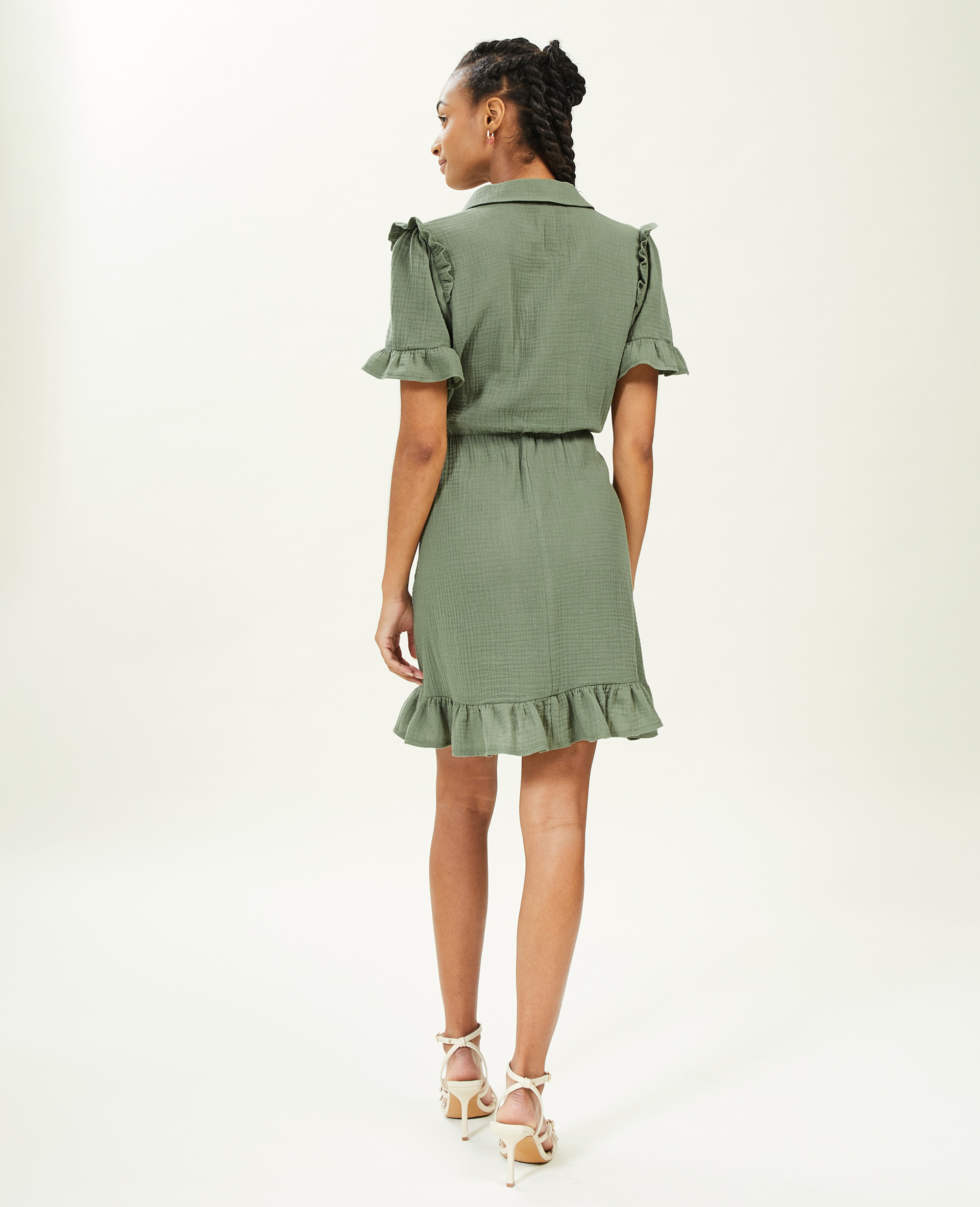Robe courte boutonnée en gaze de coton vert de gris - Pimkie