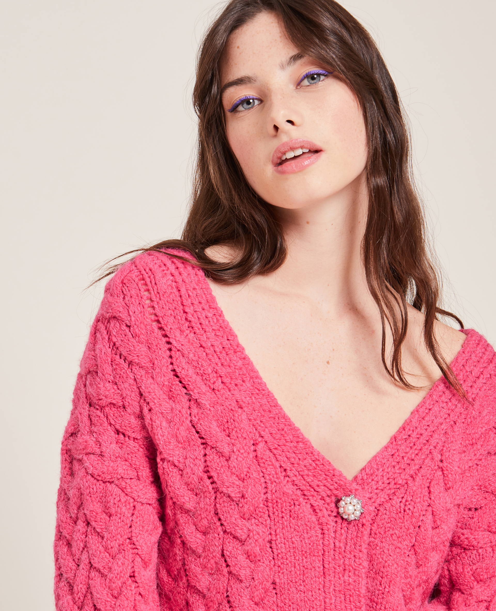 Gilet maille fantaisie bouton perles rose - Pimkie