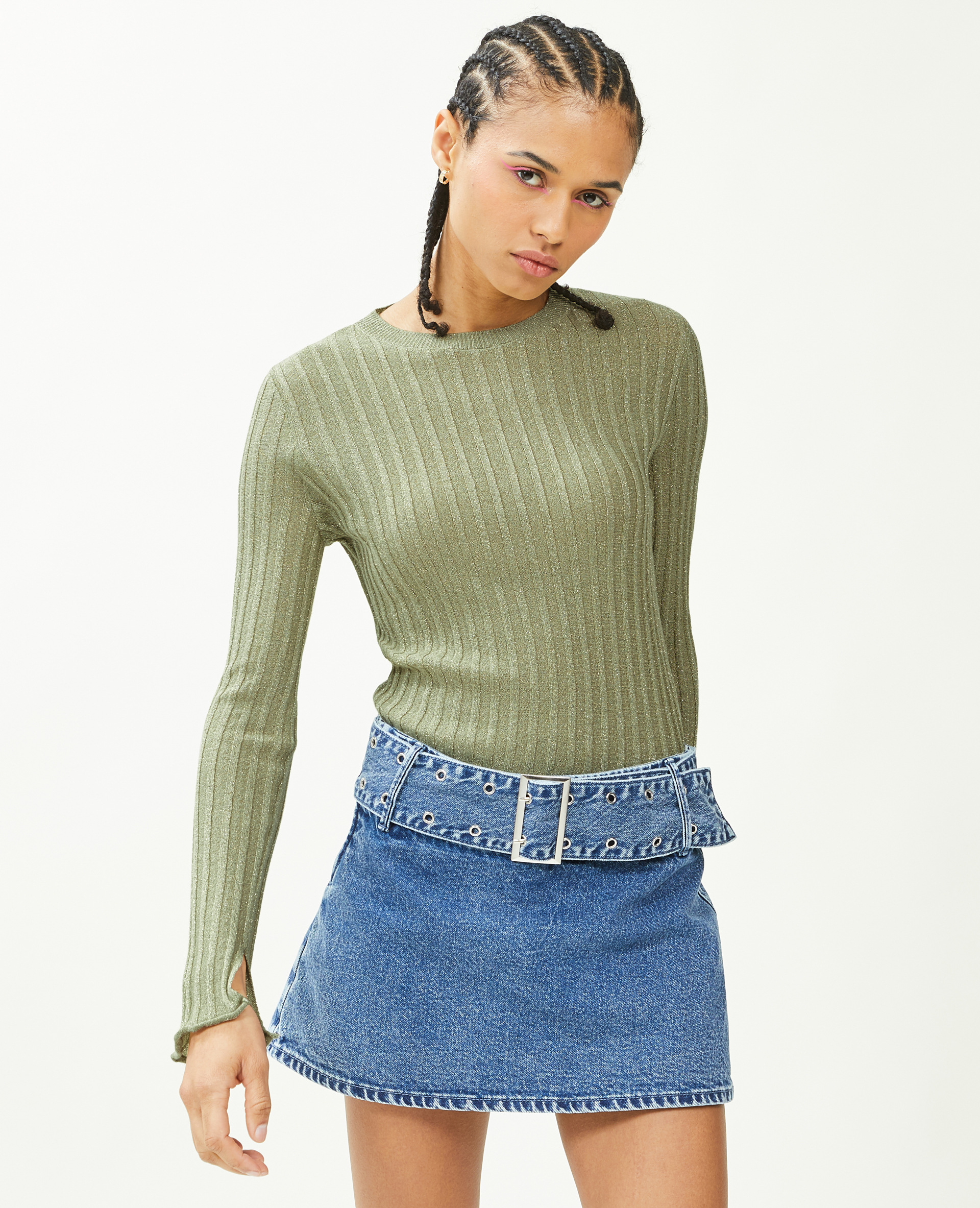 Pull léger avec fils métallisés vert de gris - Pimkie