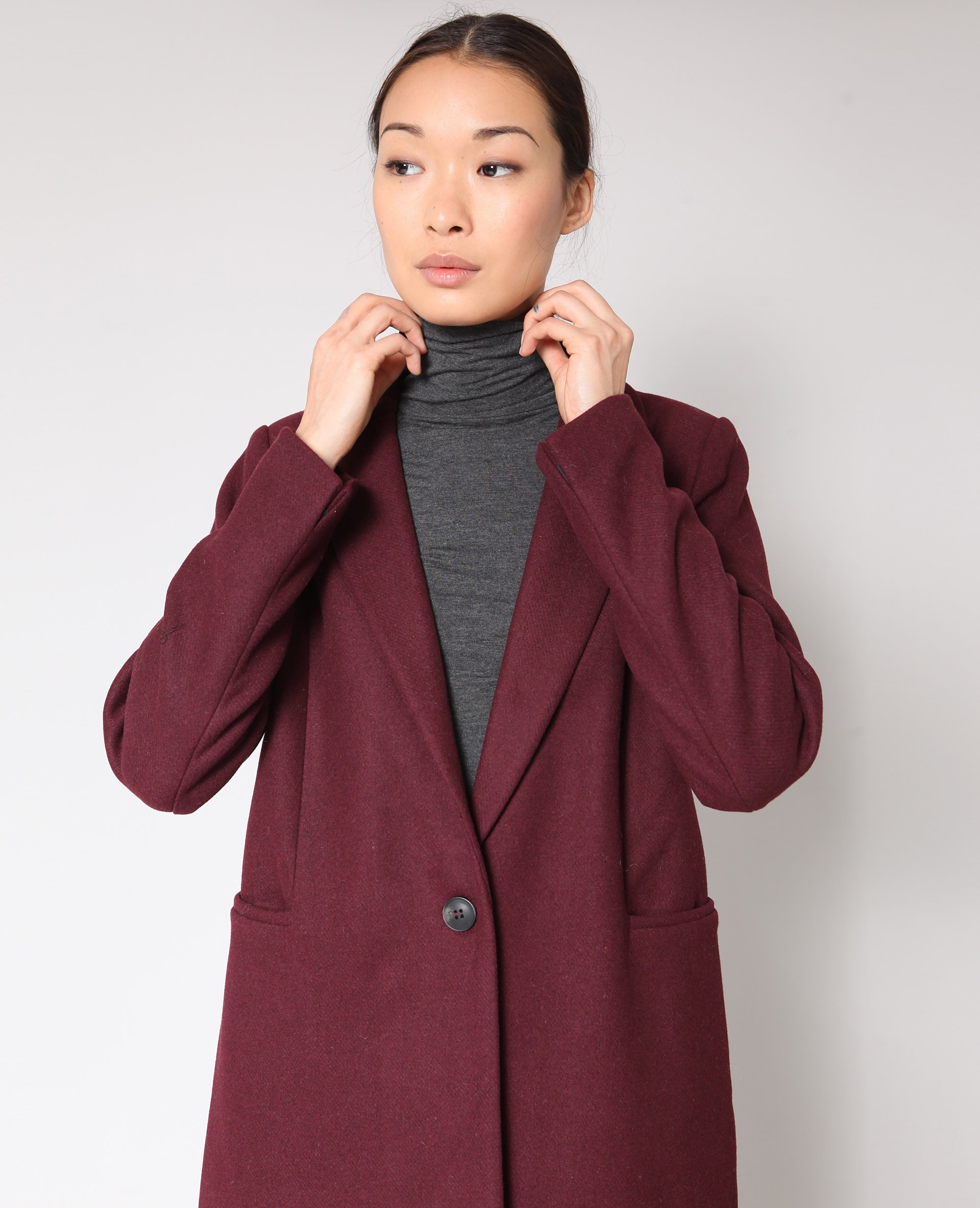 manteau long femme bordeaux