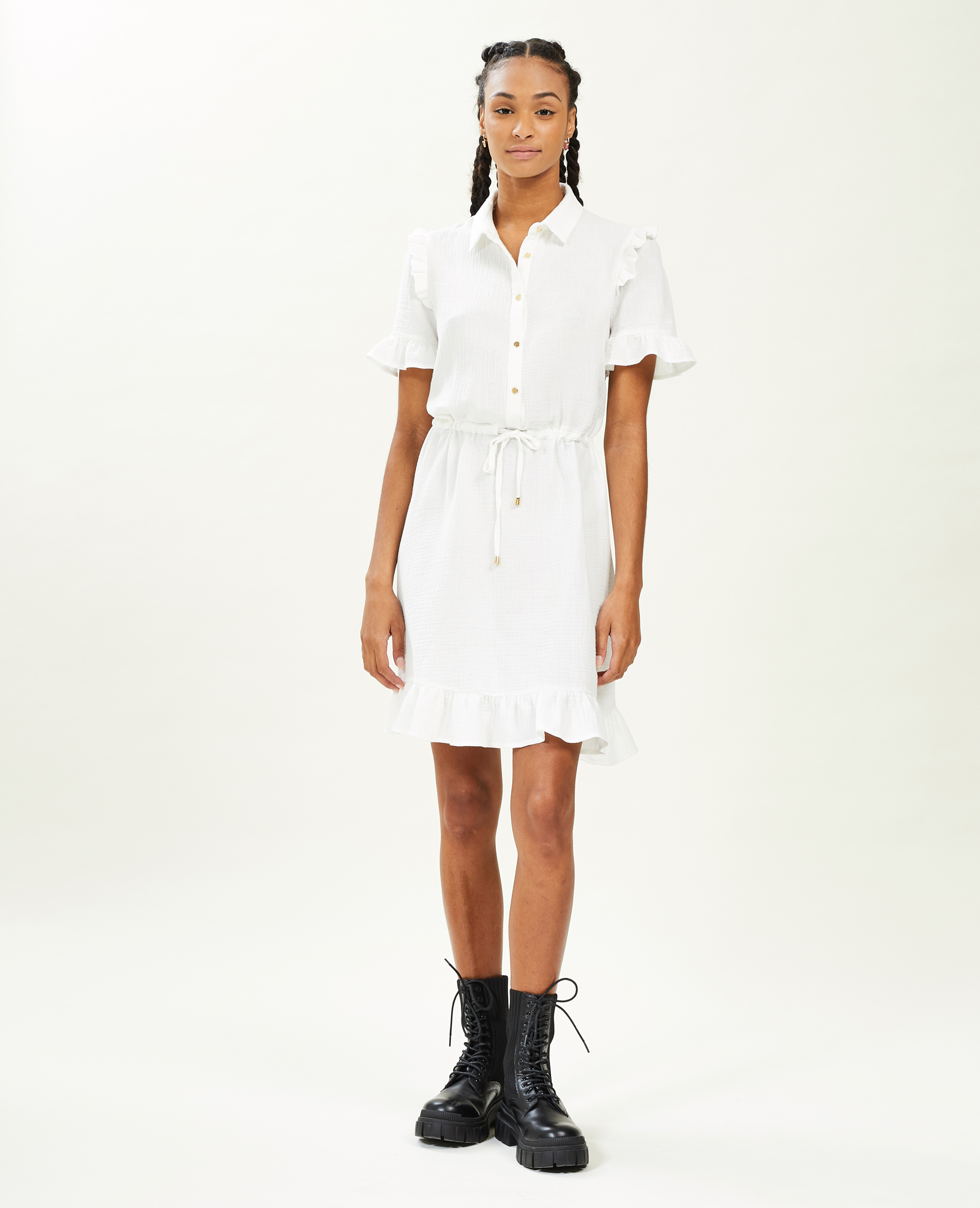 Robe courte boutonnée en gaze de coton blanc - Pimkie
