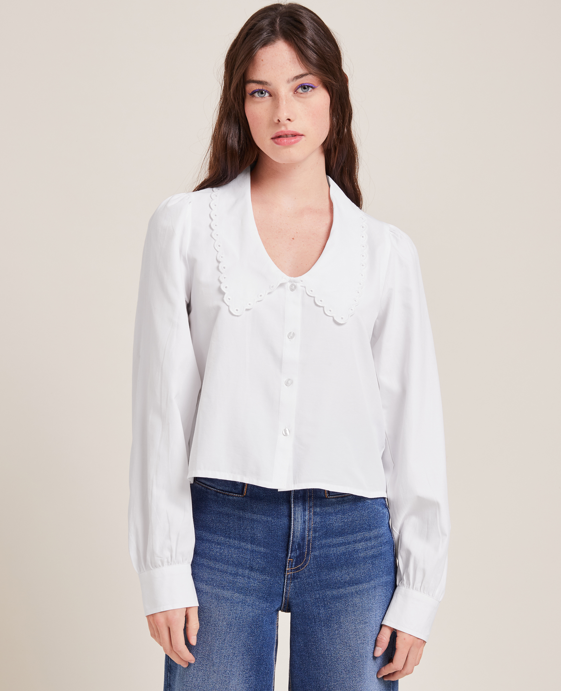 Chemise courte grand col festonné blanc - Pimkie