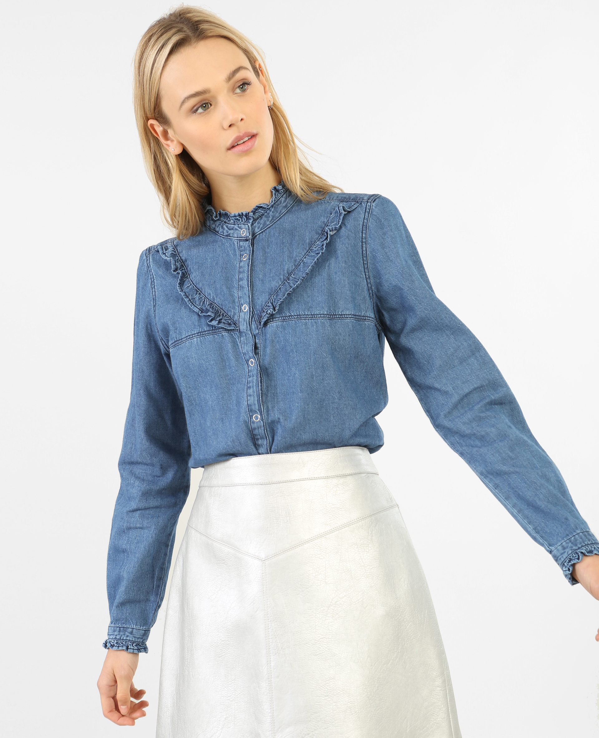 Chemise jean volant femme clearance