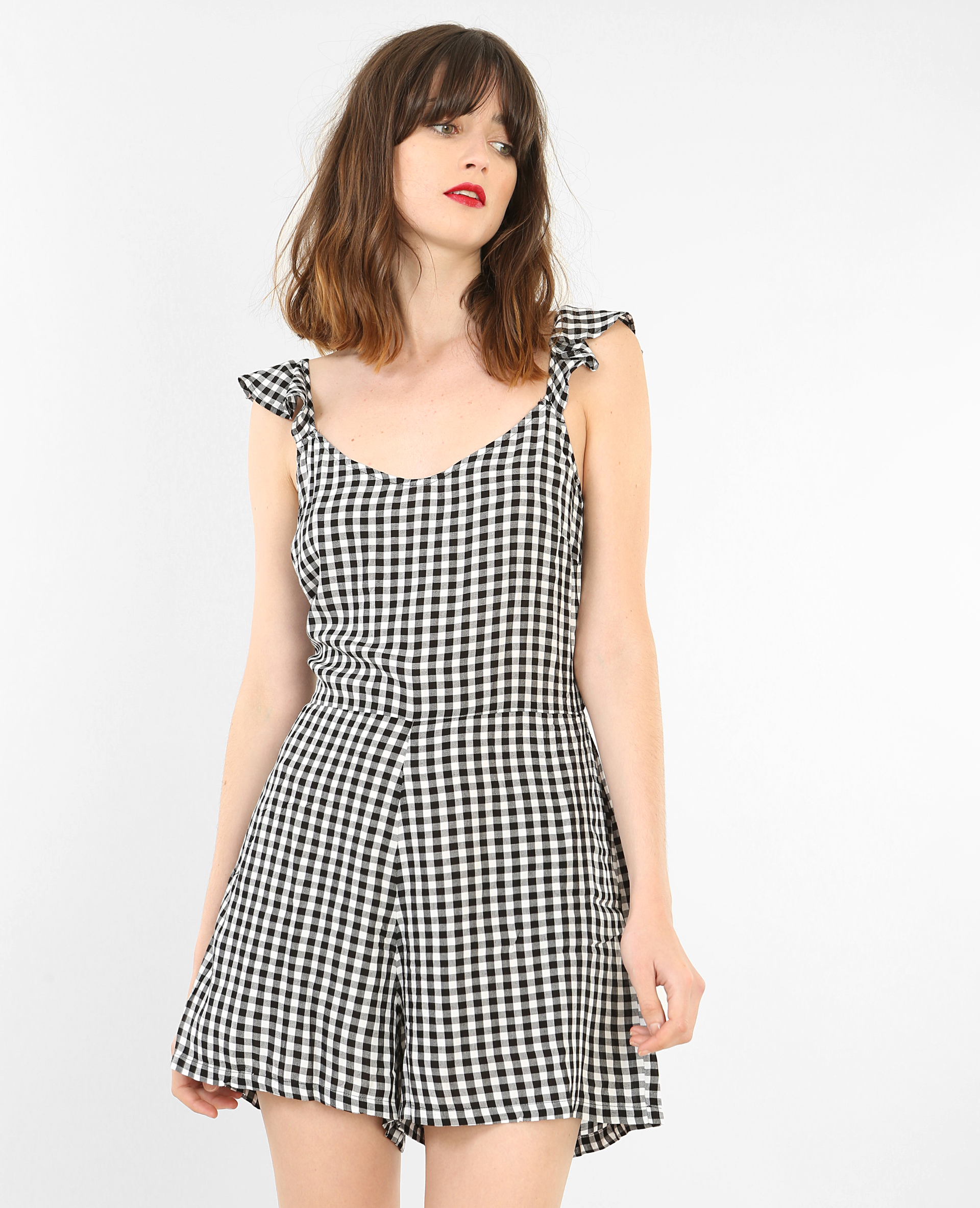 Combi-short vichy à volants noir - Pimkie