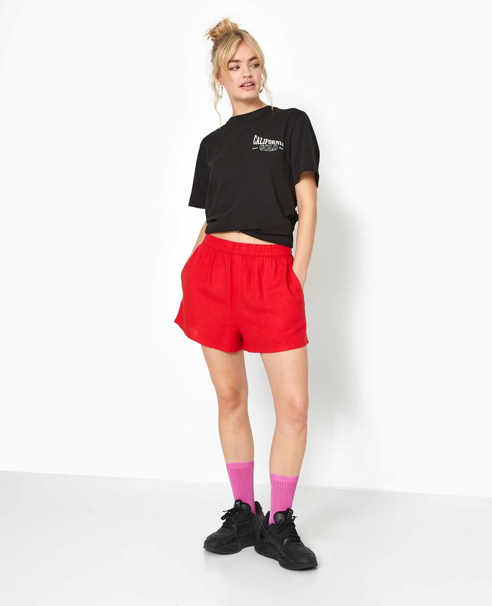 Short court taille elastiquee avec lin