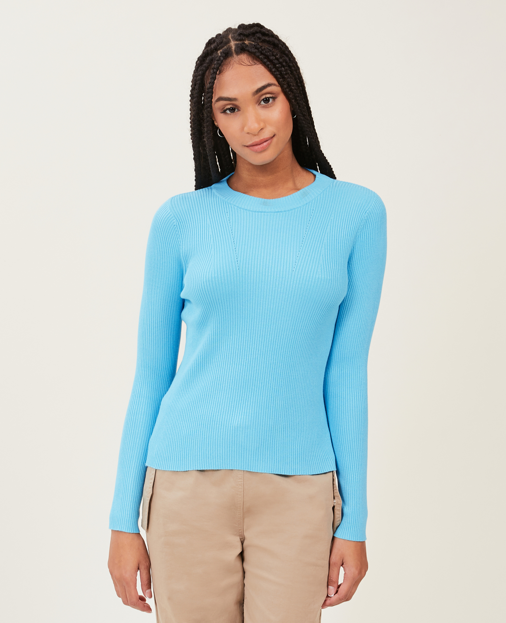 Pull col rond maille côtelée bleu turquoise - Pimkie