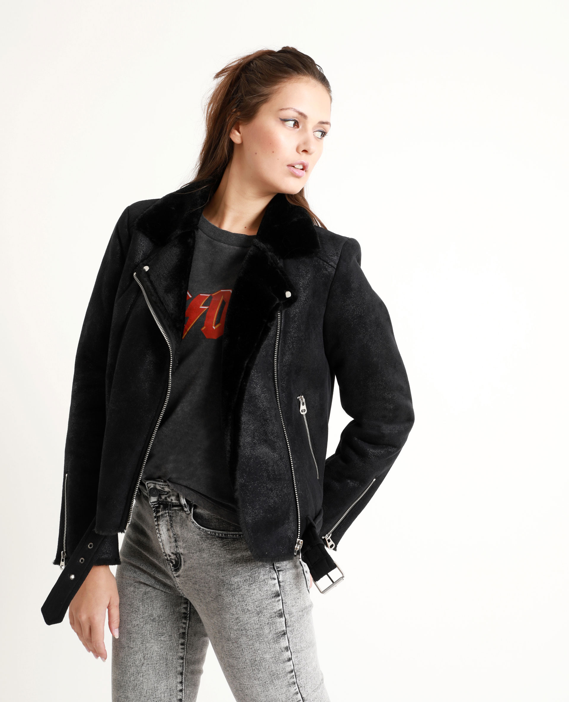 Perfecto daim noir femme best sale