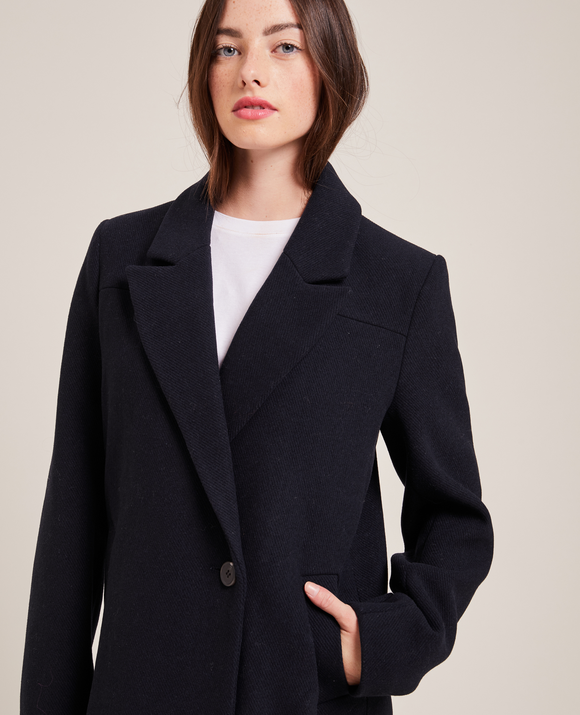 manteau long laine bleu marine