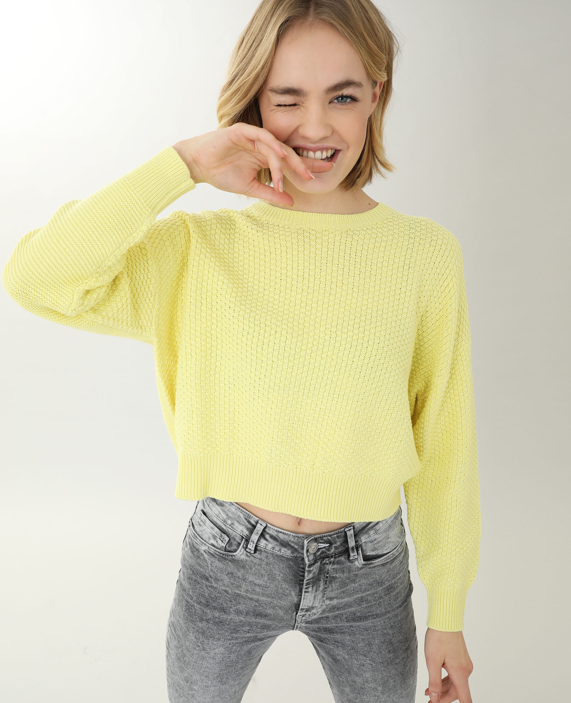 Pull maille jaune clearance