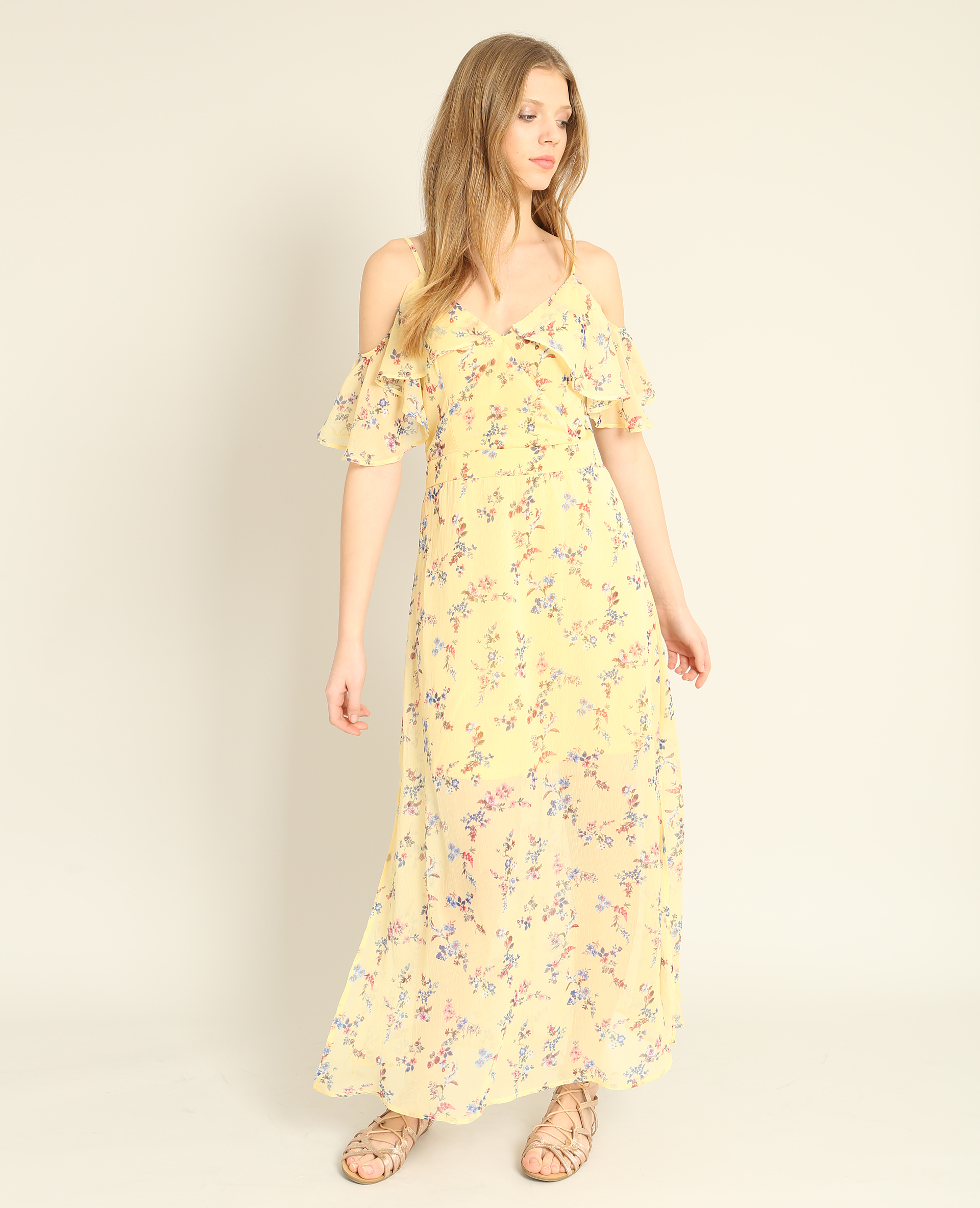 Robe longue sales jaune fleurie