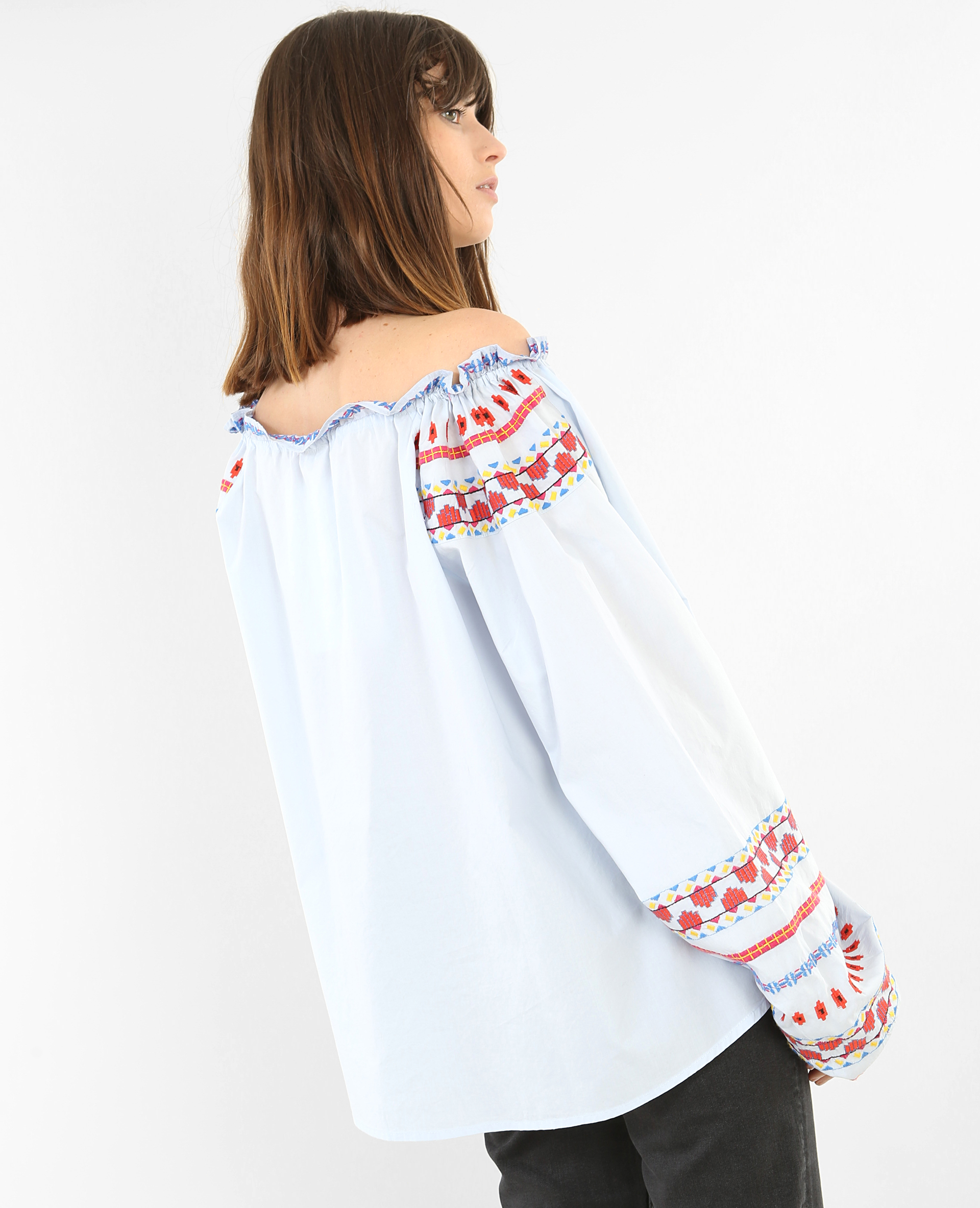 Blouse folk brodée bleu - Pimkie