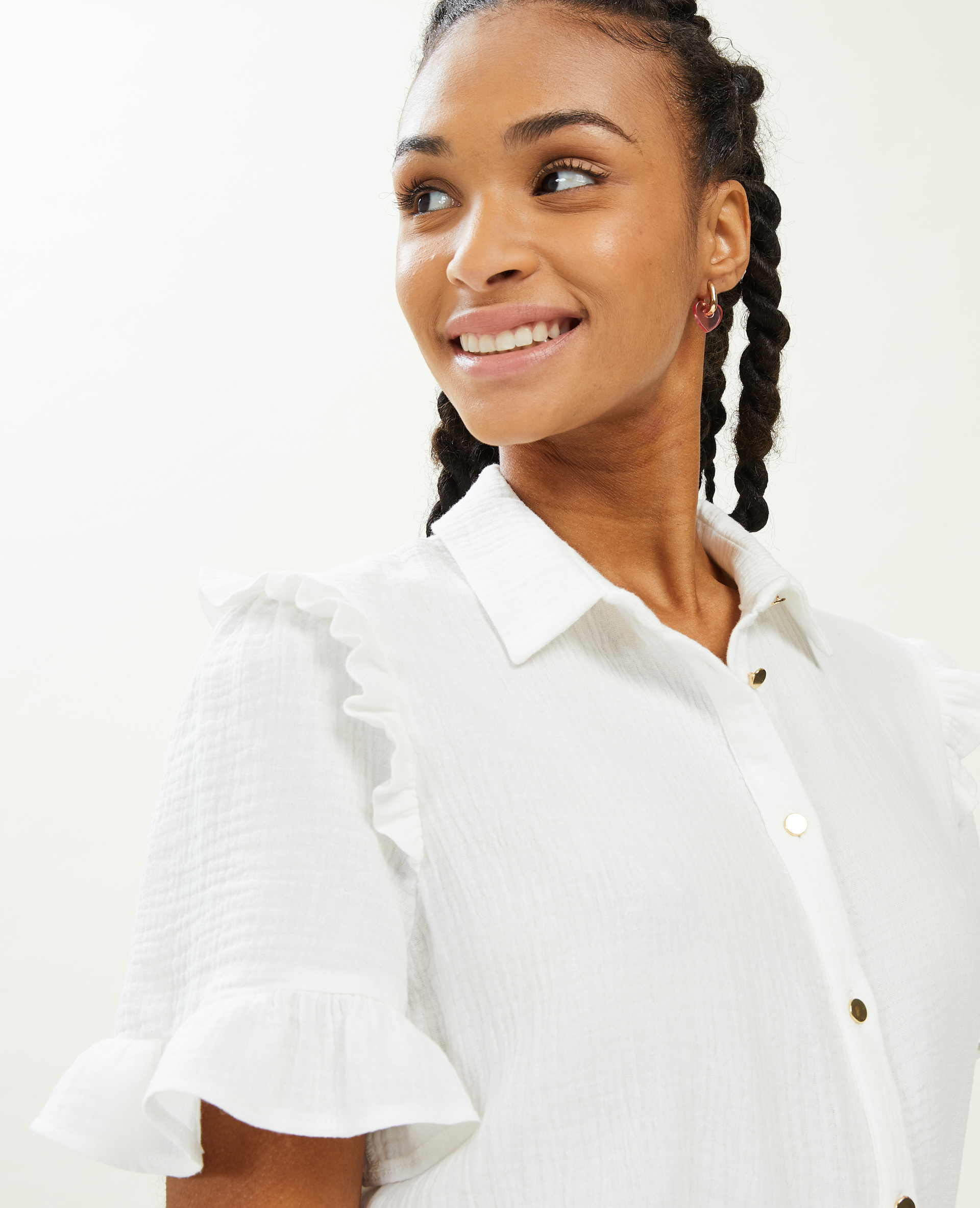 Robe courte boutonnée en gaze de coton blanc - Pimkie