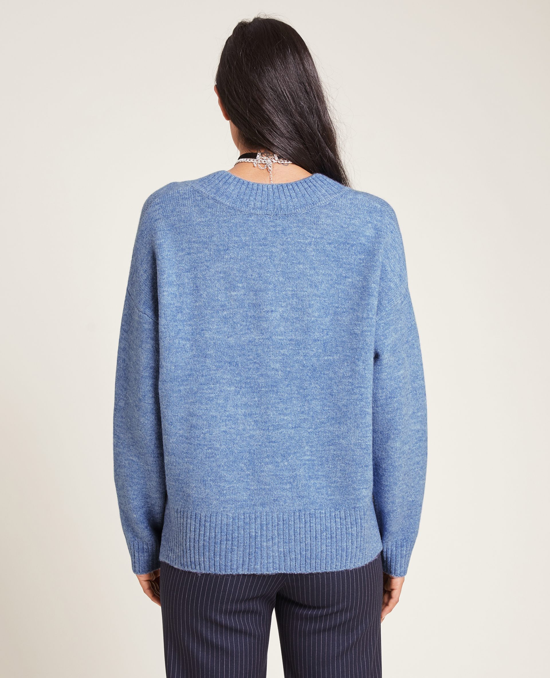Pull grand col V bleu - Pimkie