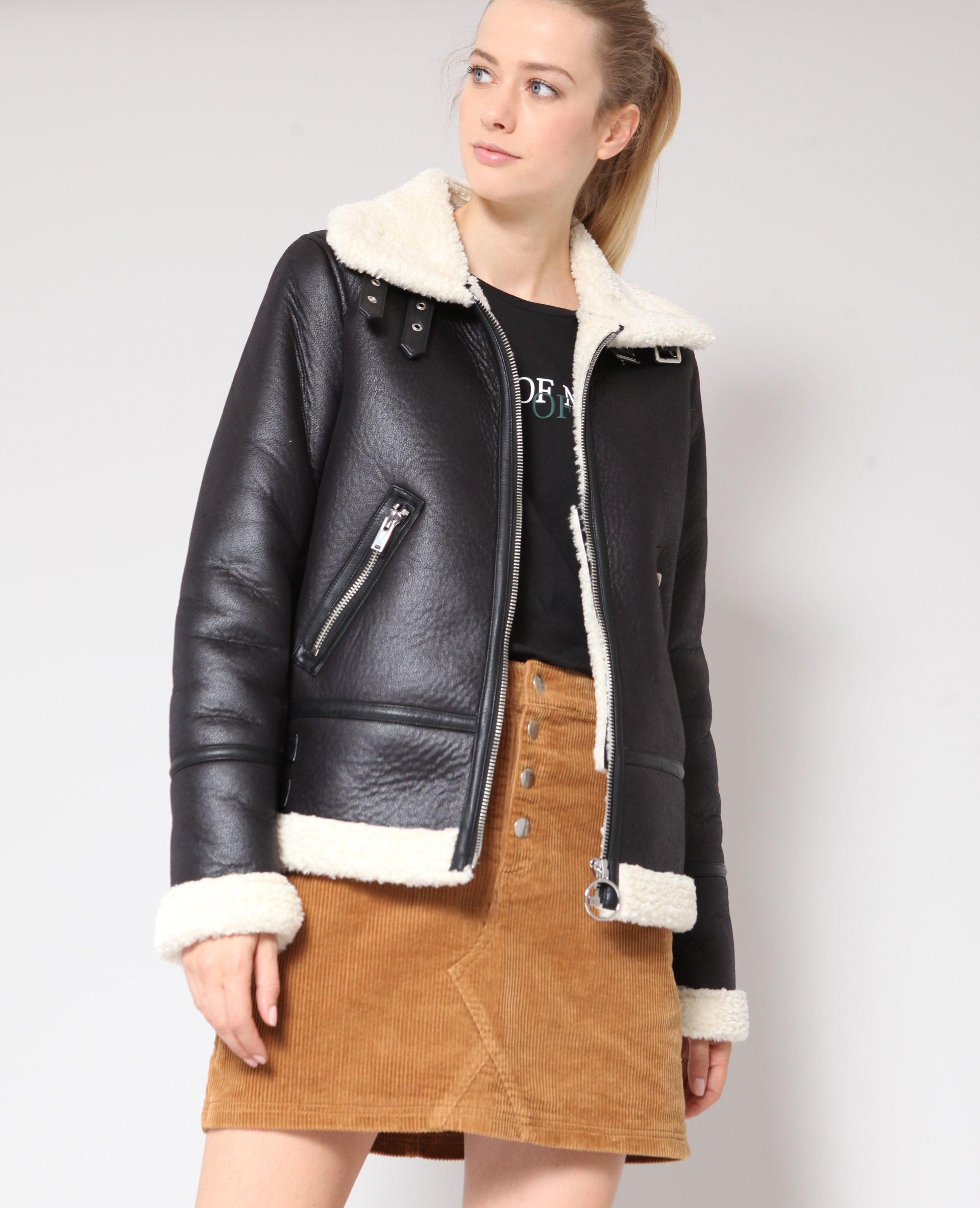 Blouson biker en fausse fourrure noir - Pimkie