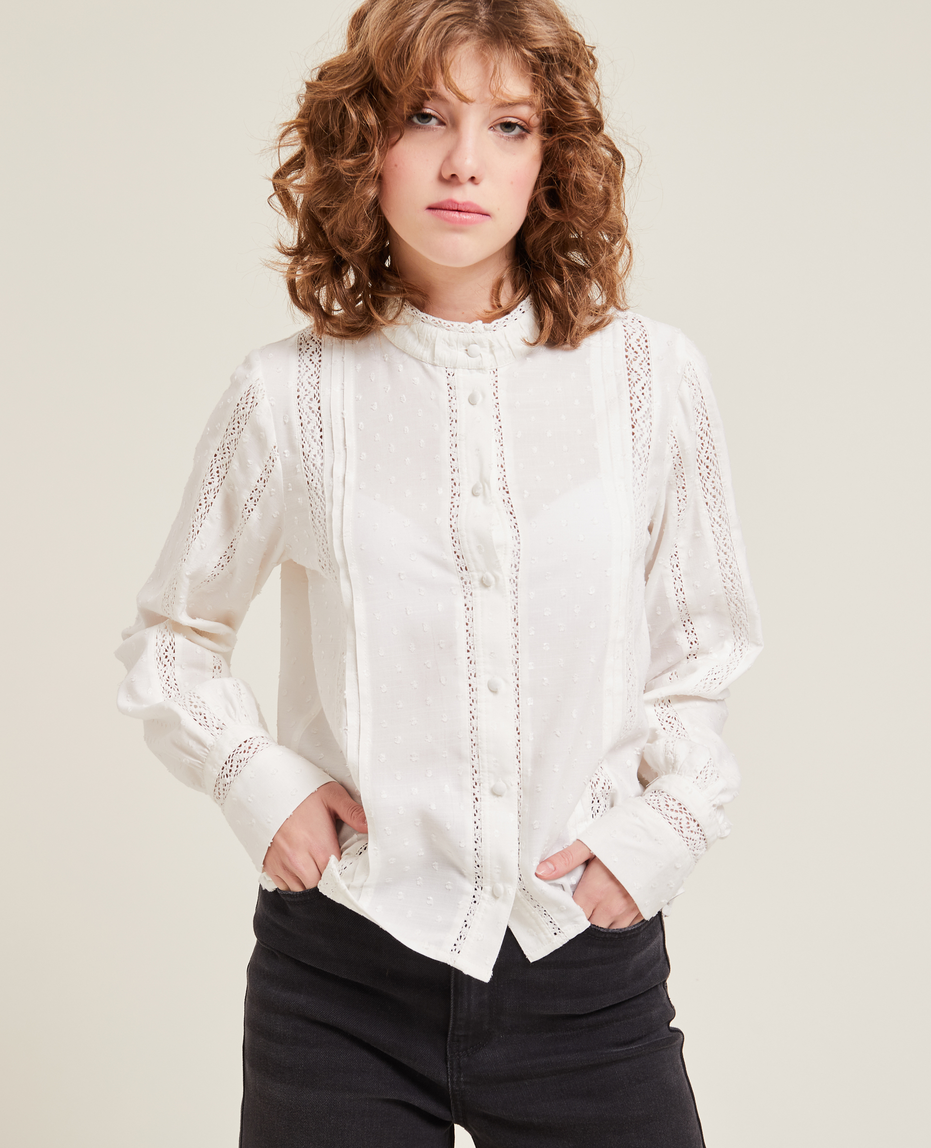 Blouse dentelle et plumetis blanc - Pimkie