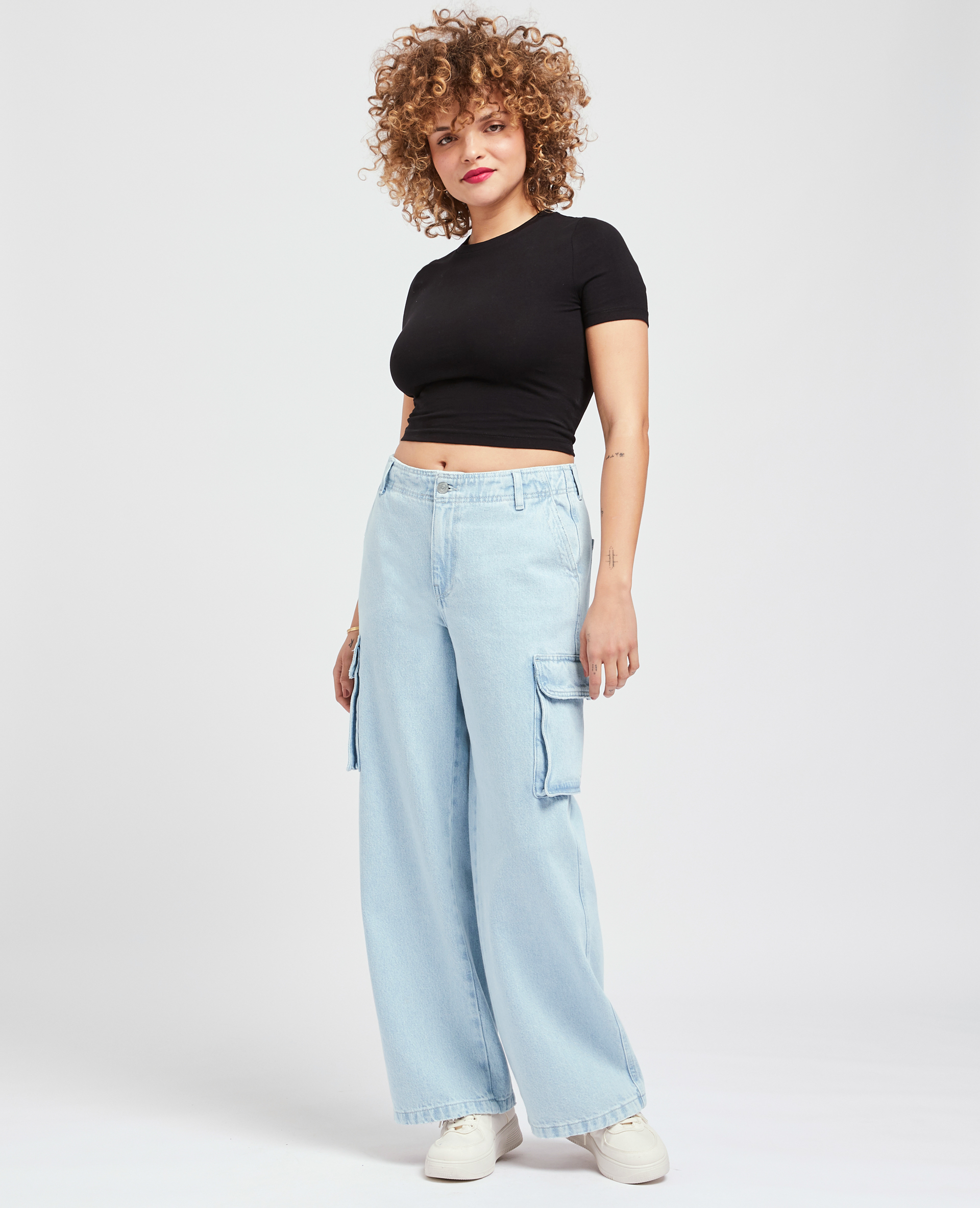 Jean cargo large bleu délavé - Pimkie
