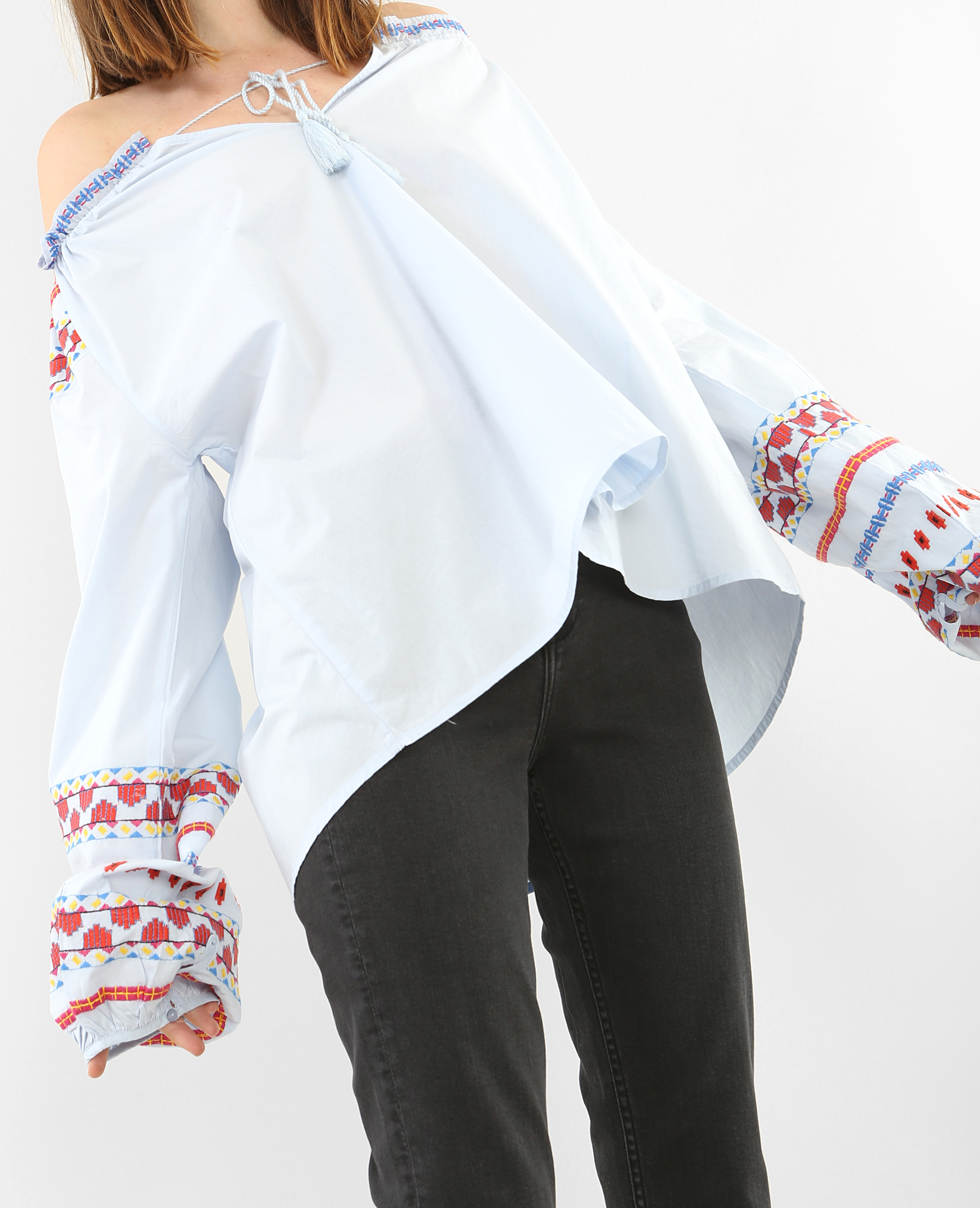 Blouse folk brodée bleu - Pimkie