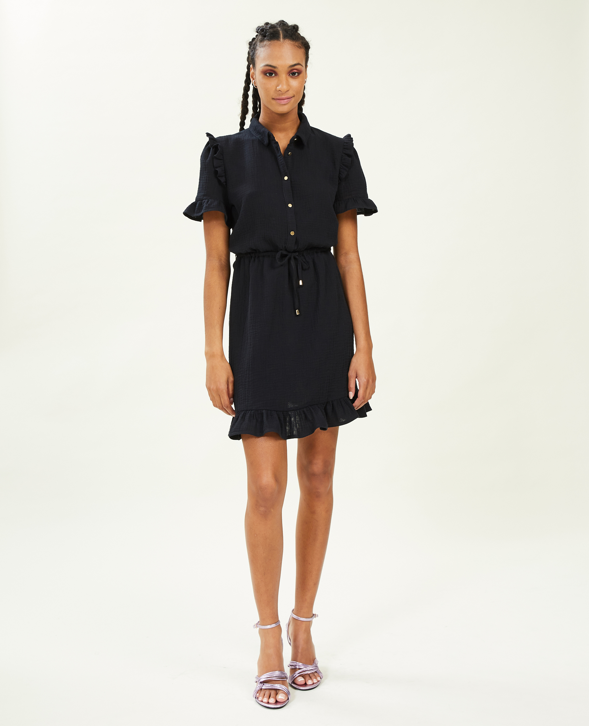 Robe courte boutonnée en gaze de coton noir - Pimkie