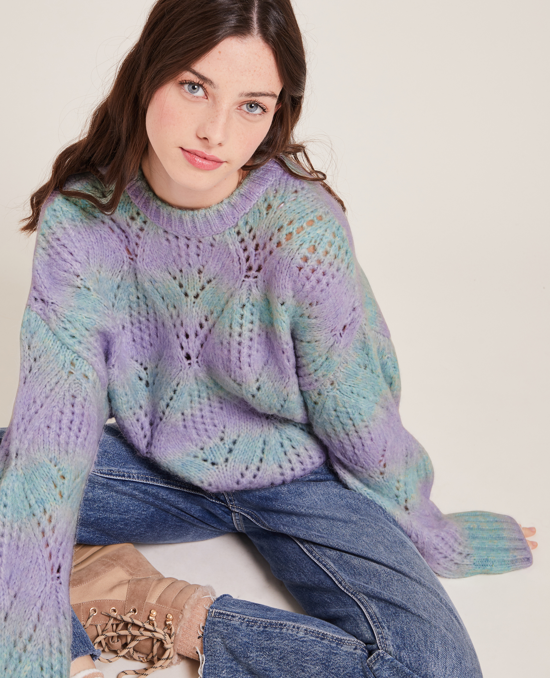 Pull bicolore maille ajourée lilas - Pimkie