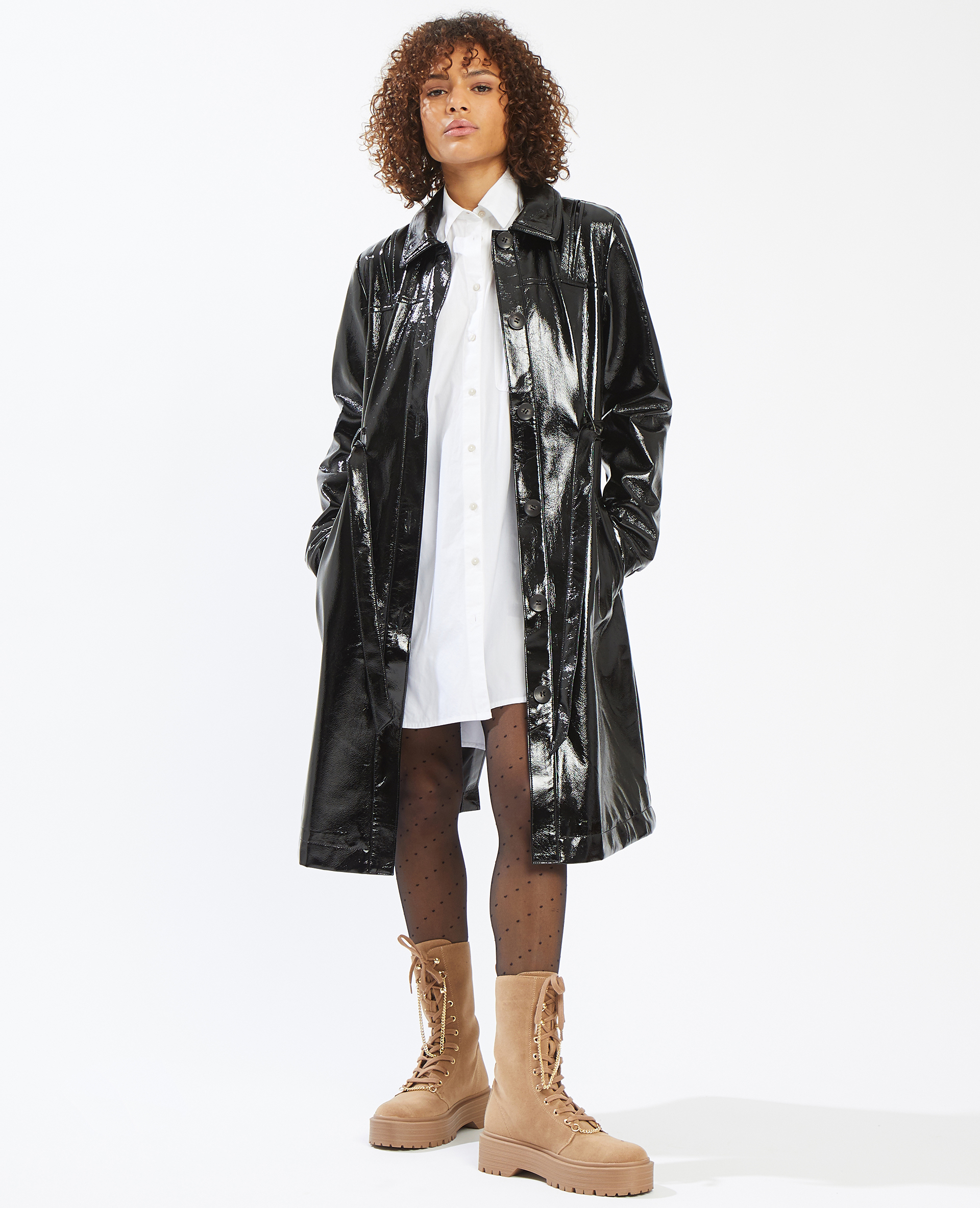 Trench ceinturé en vinyle noir - Pimkie