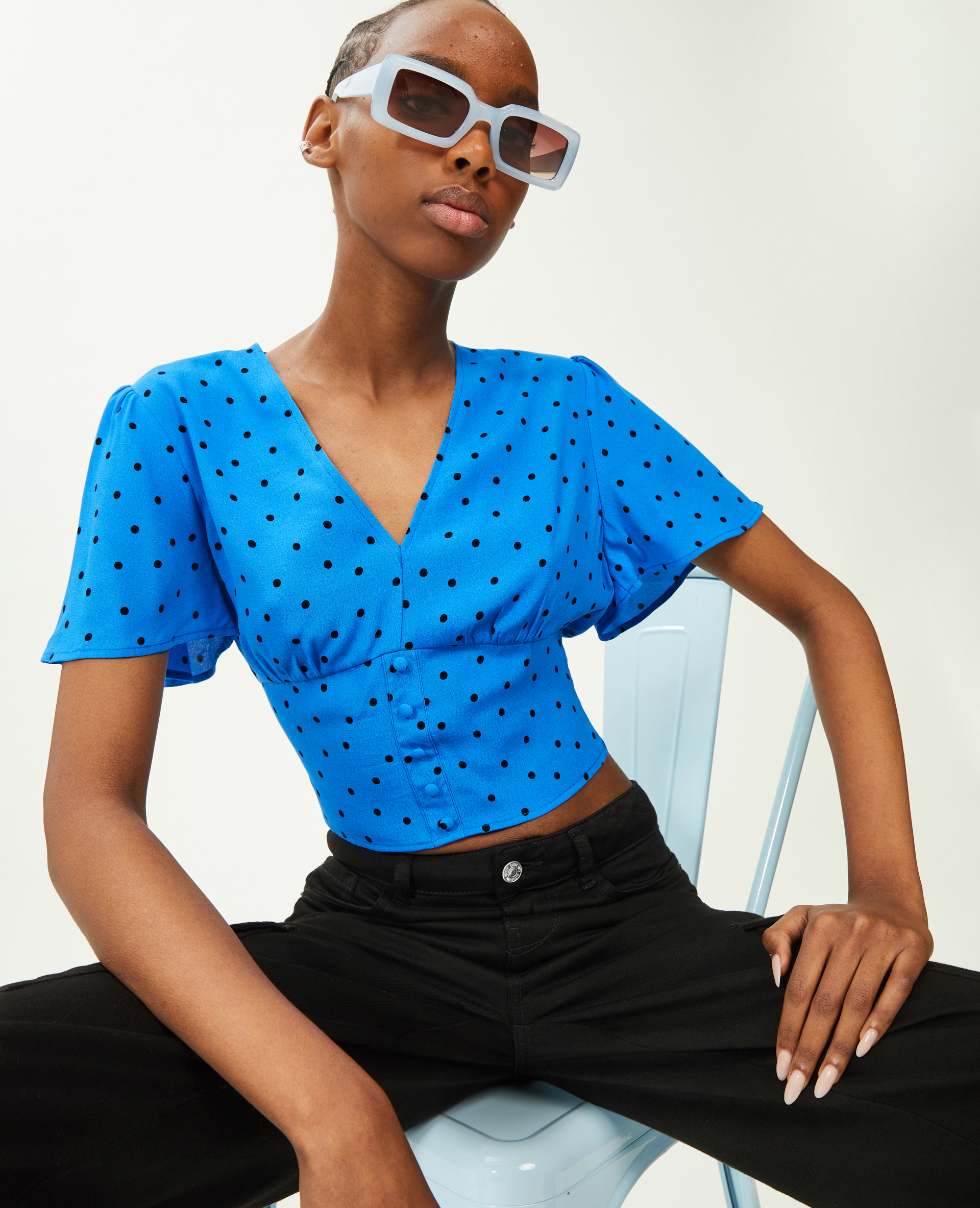 Blouse courte manches papillon bleu électrique - Pimkie