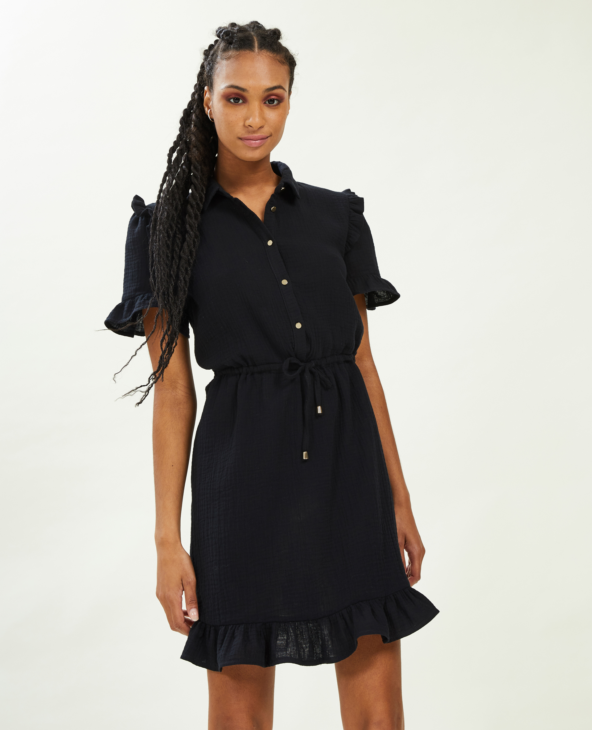 Robe courte boutonnée en gaze de coton