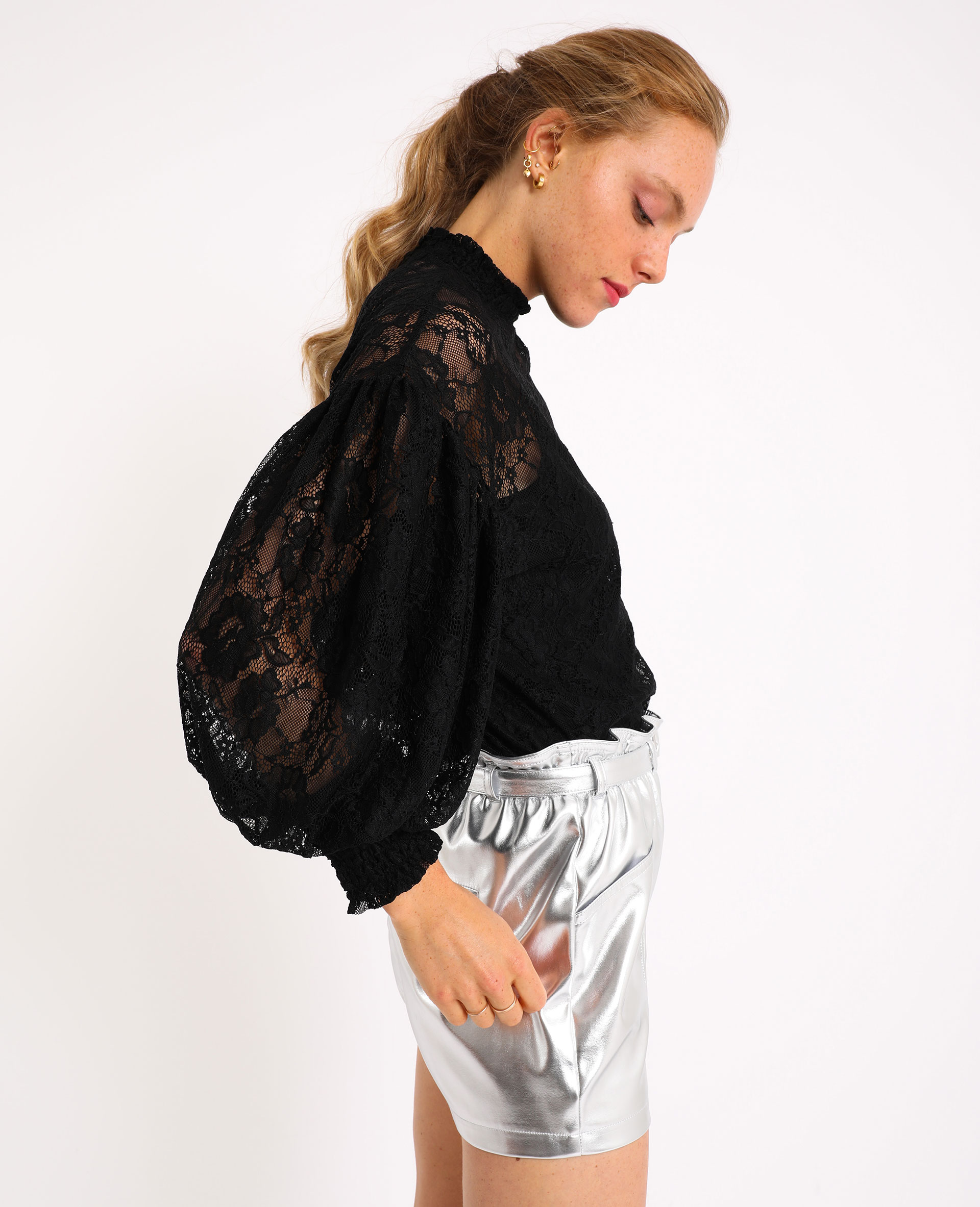 Top dentelle manches bouffantes noir - Pimkie