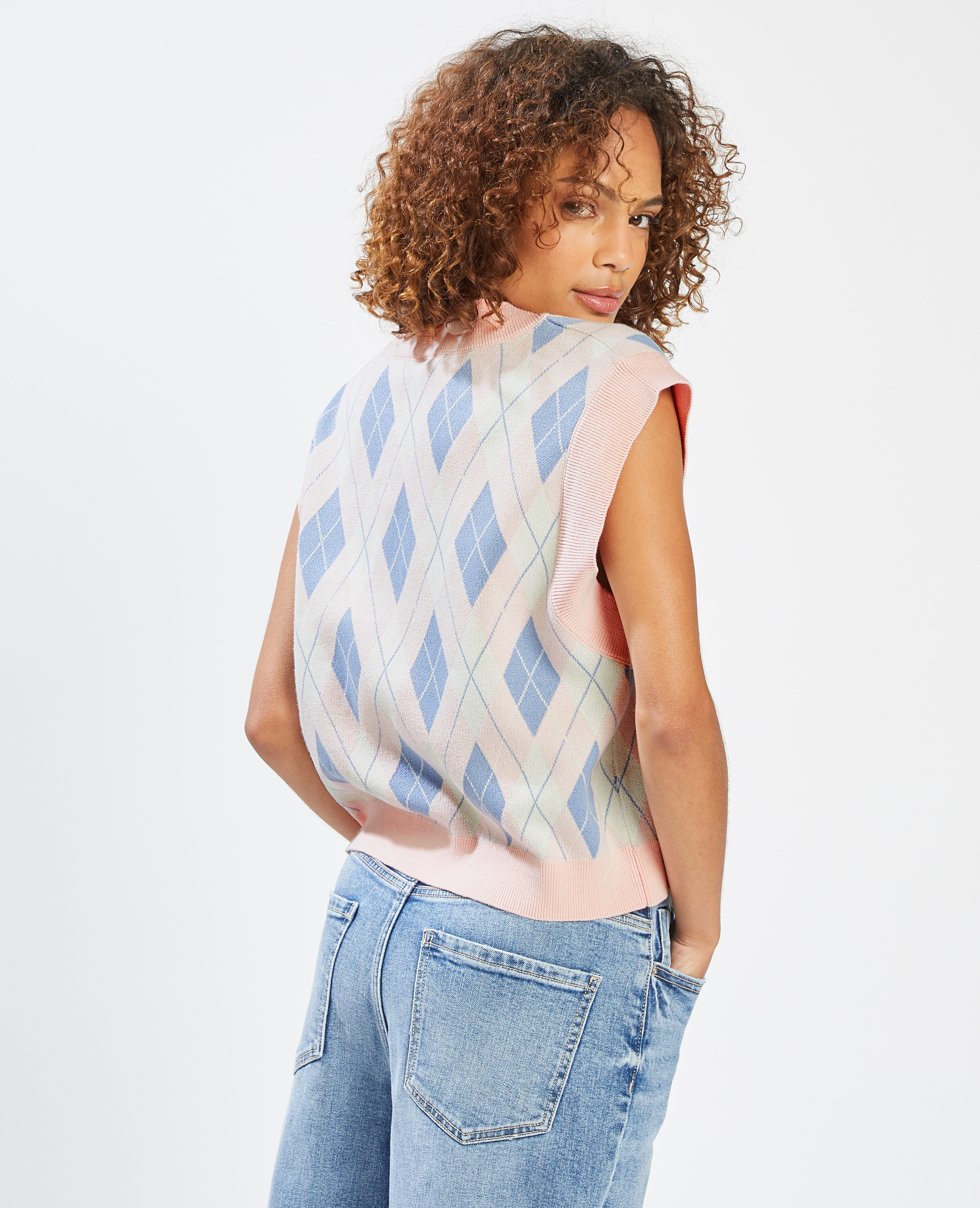 Pull sans manches à carreaux rose - Pimkie