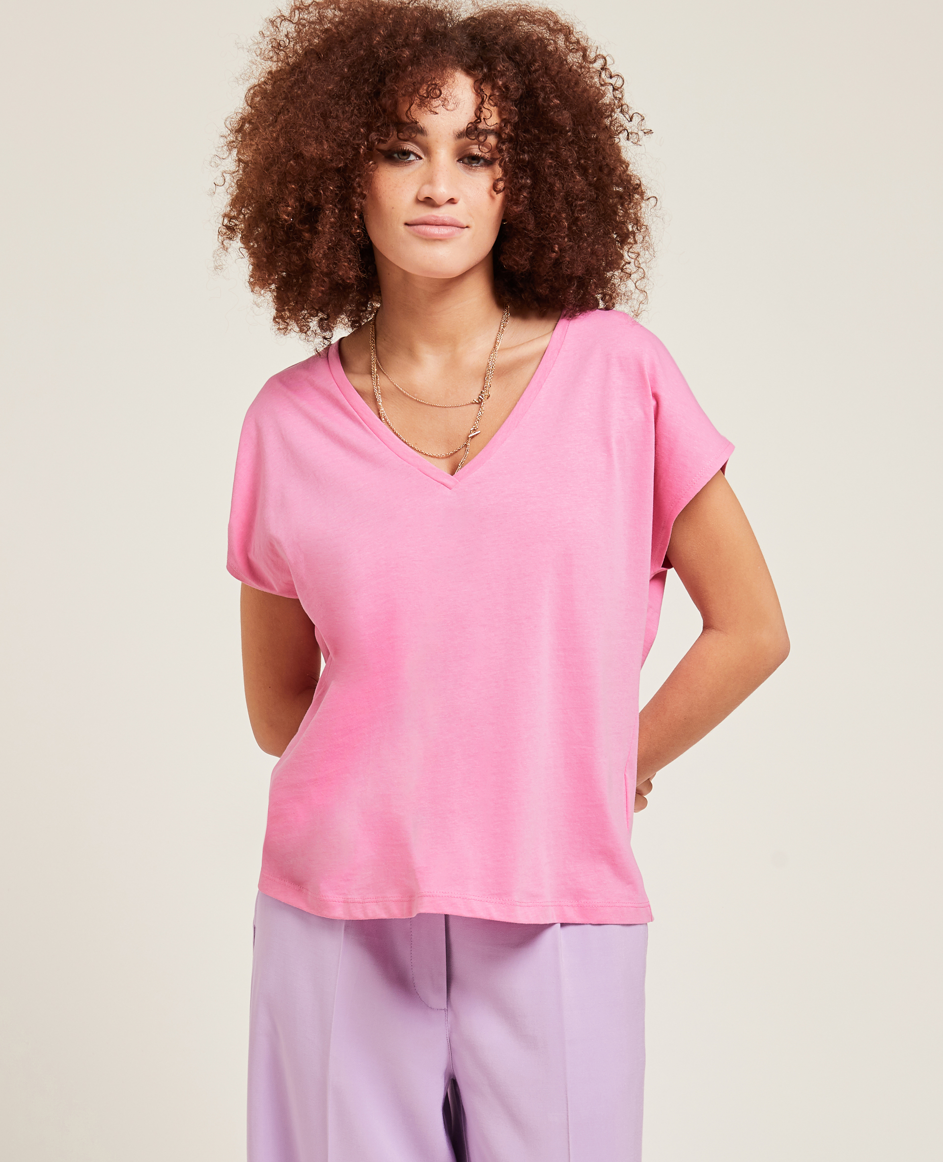 T-shirt col V manches courtes rose - Pimkie