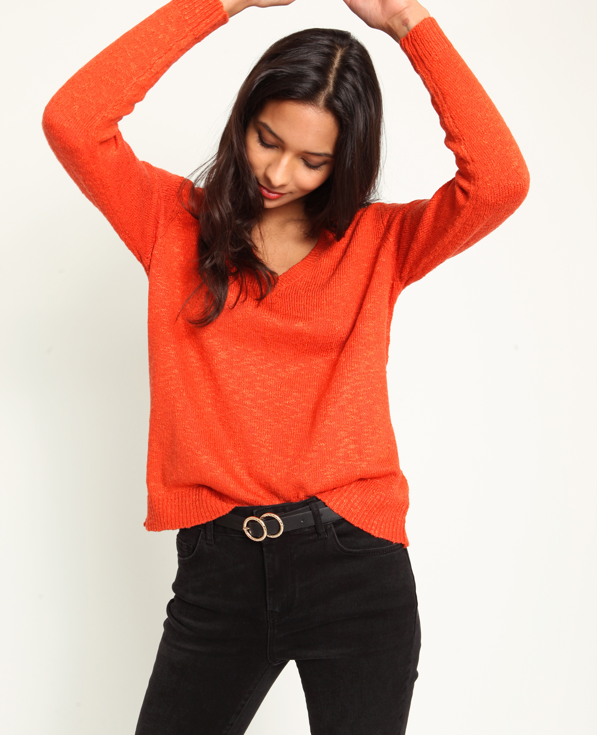 Pull col v orange femme on sale