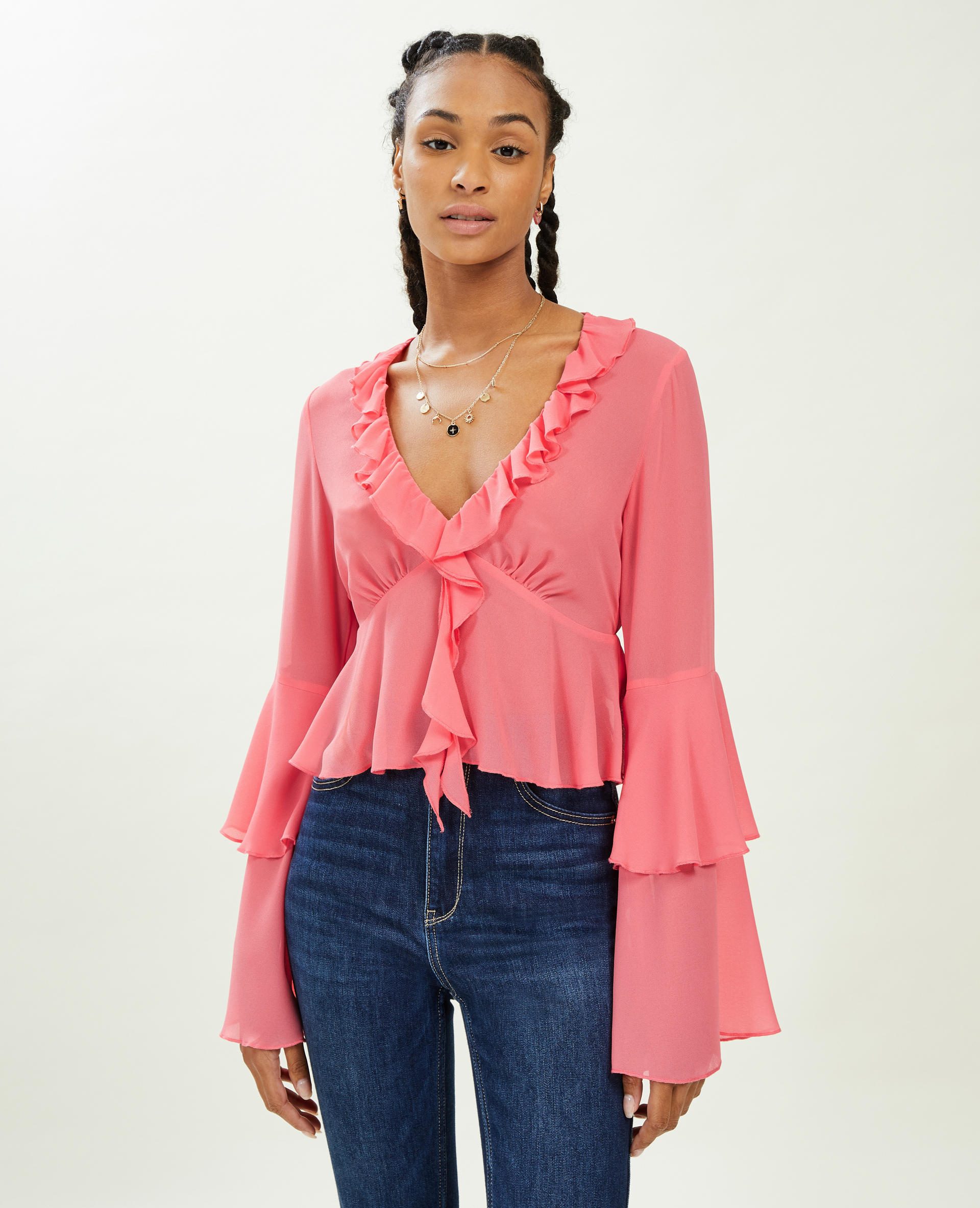 Blouse avec volants en voile rose - Pimkie