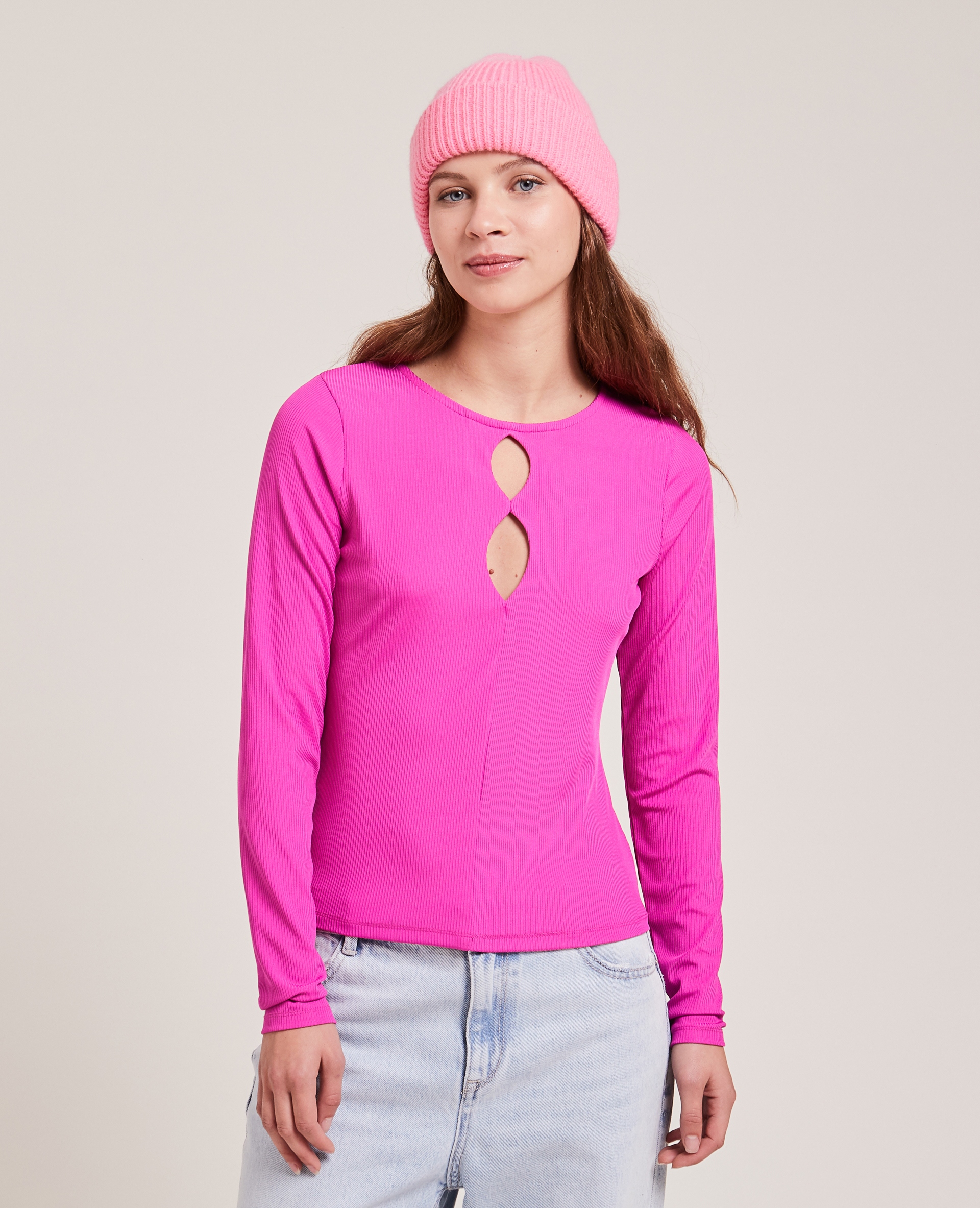 Top maille côtelée avec découpes rose fuchsia - Pimkie