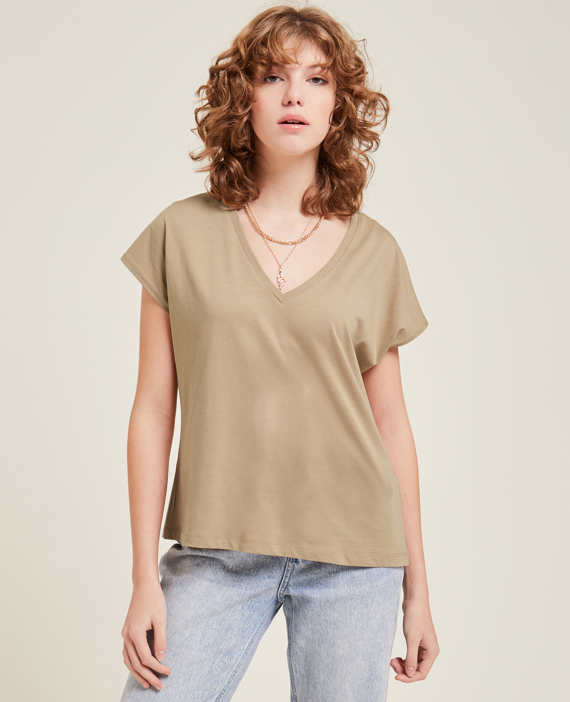 T-shirt col V manches courtes camel - Pimkie