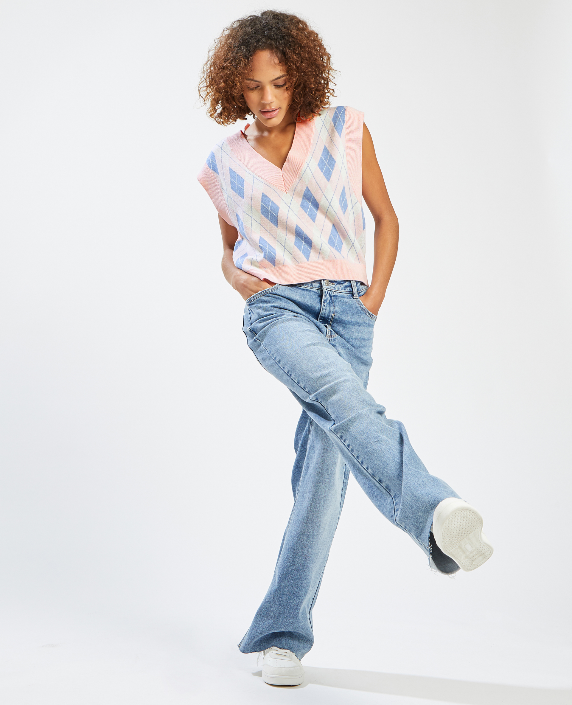 Pull sans manches à carreaux rose - Pimkie