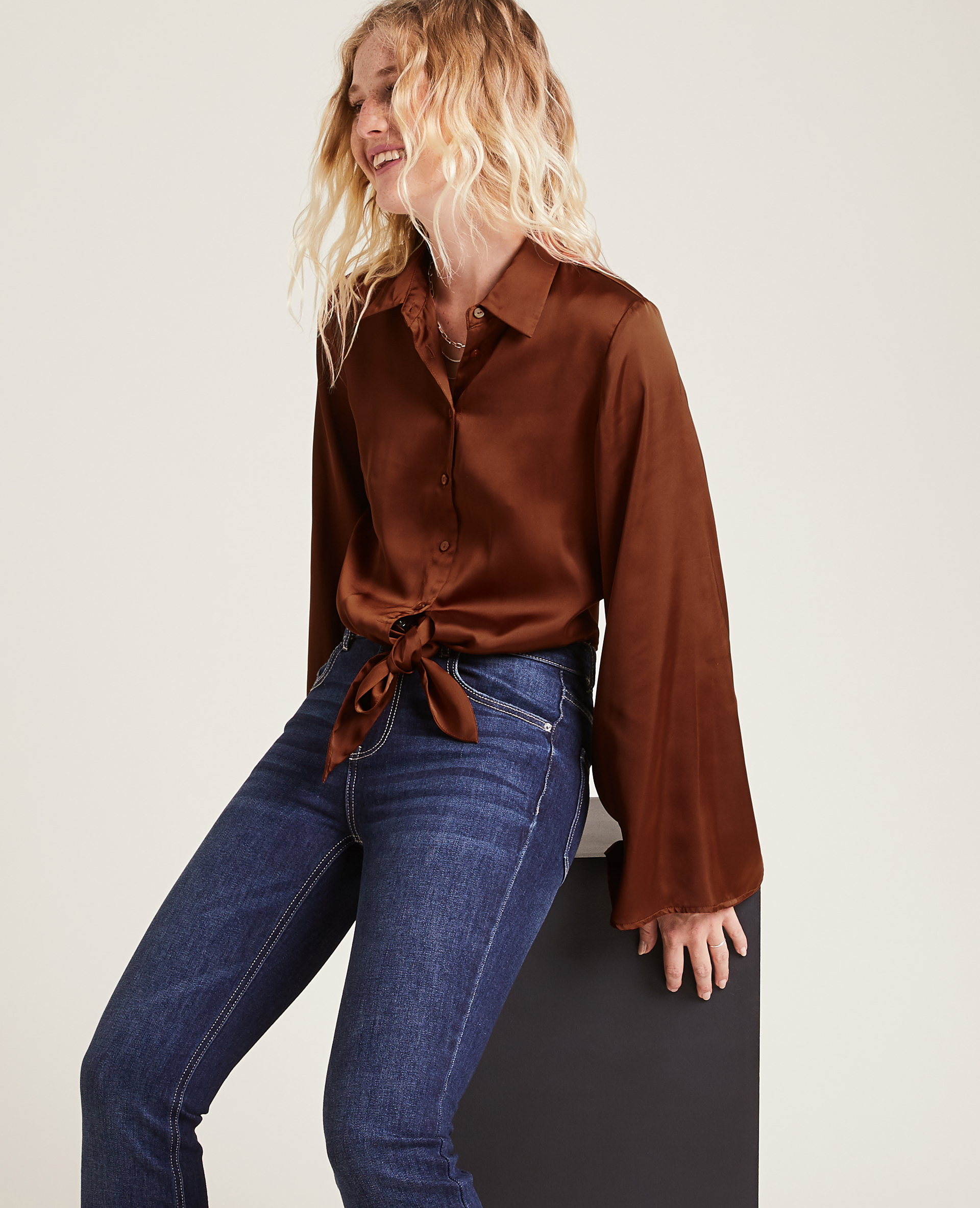 Chemise satinée à nouer orange - Pimkie