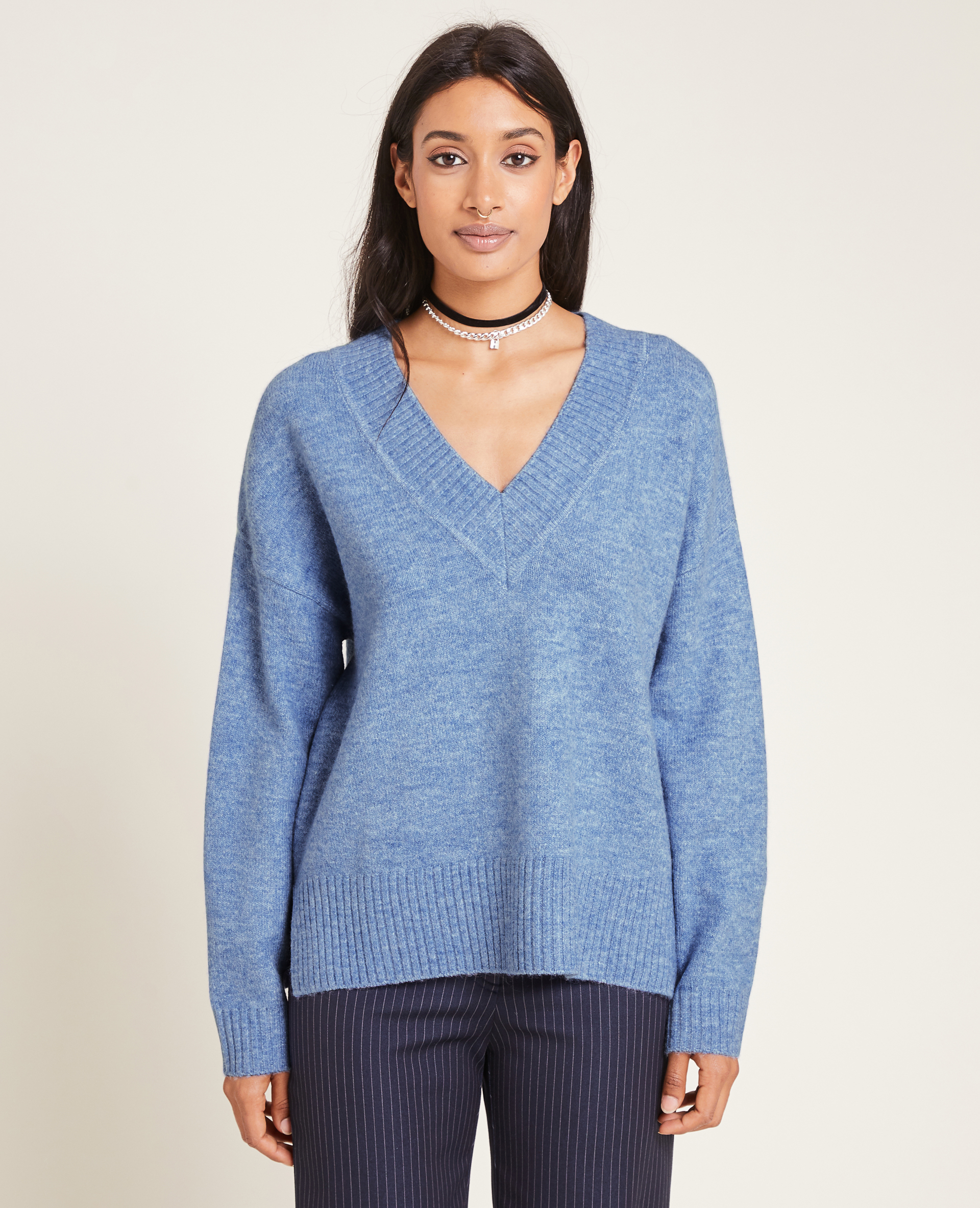 Pull grand col V bleu - Pimkie